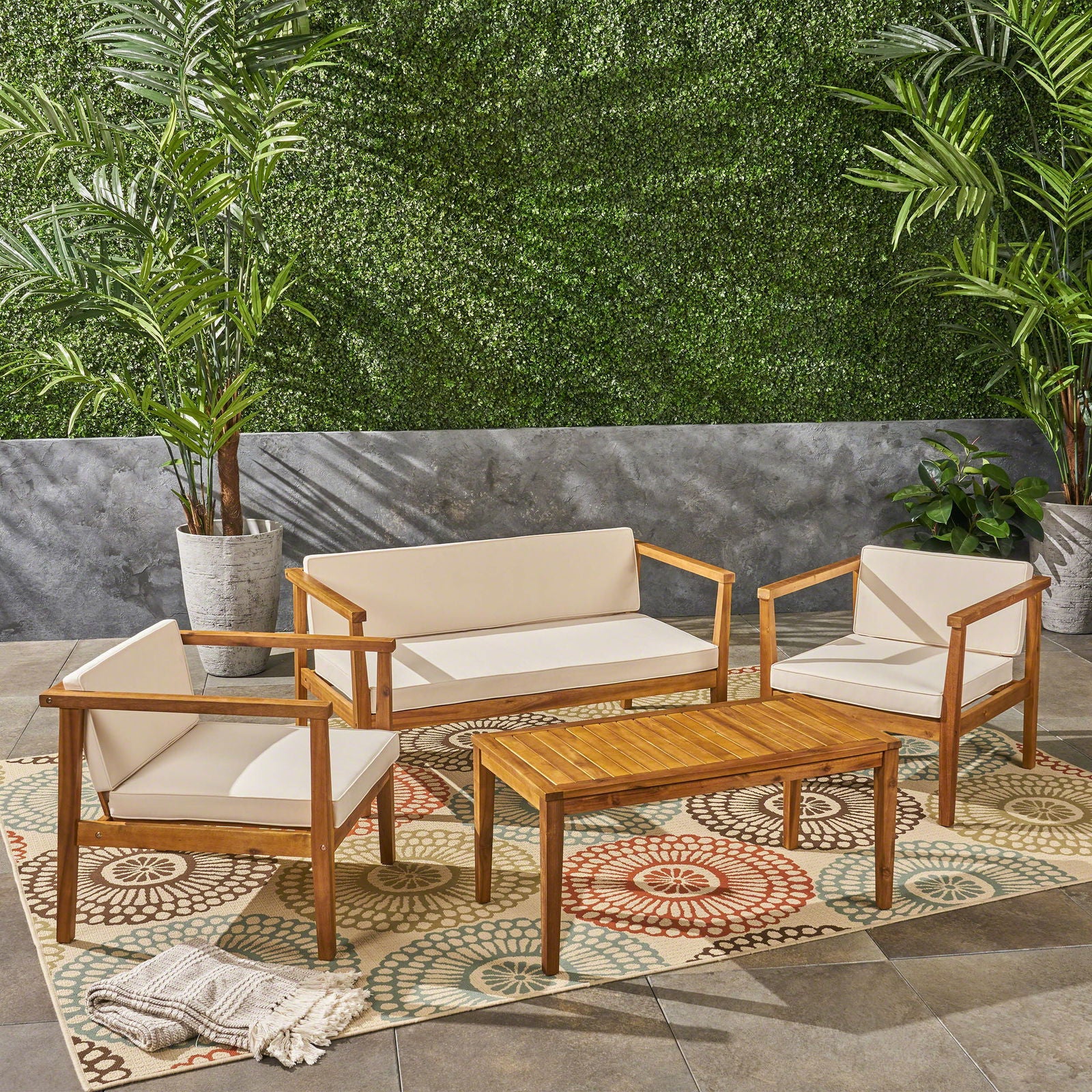 Outdoor 4-Seater Acacia Wood Chat Set with Coffee Table with Cushions, Teak and Beige himalipasal