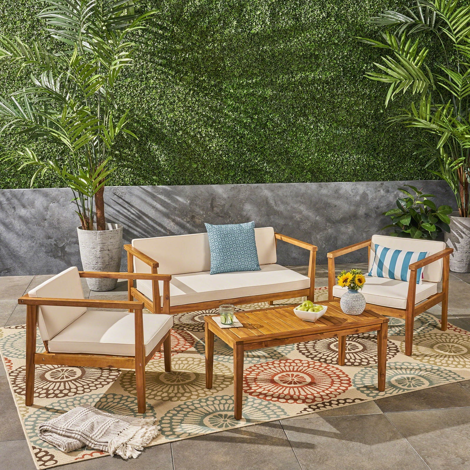 Outdoor 4-Seater Acacia Wood Chat Set with Coffee Table with Cushions, Teak and Beige himalipasal