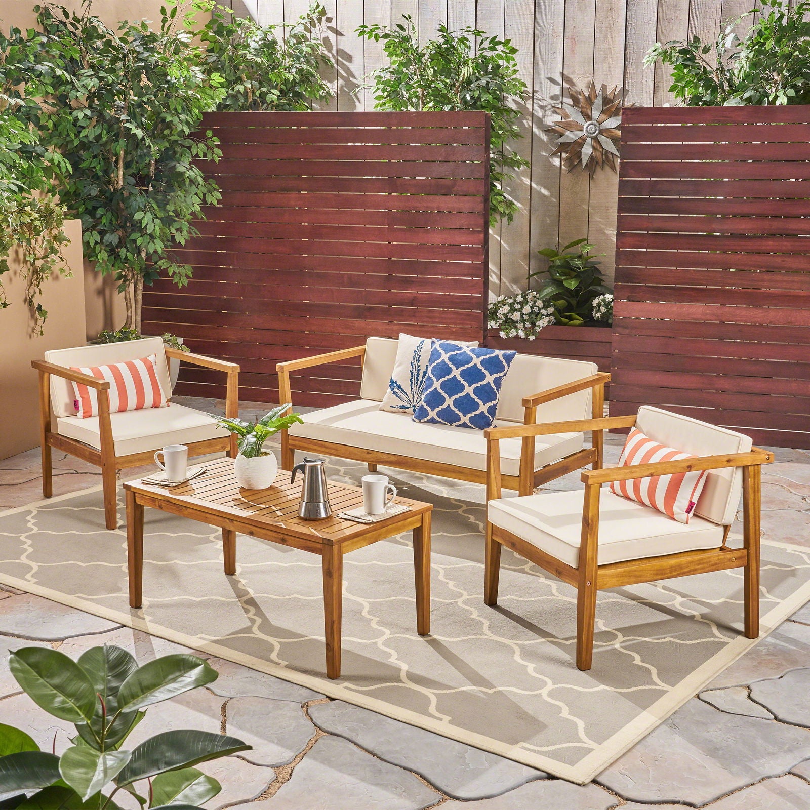 Outdoor 4-Seater Acacia Wood Chat Set with Coffee Table with Cushions, Teak and Beige himalipasal