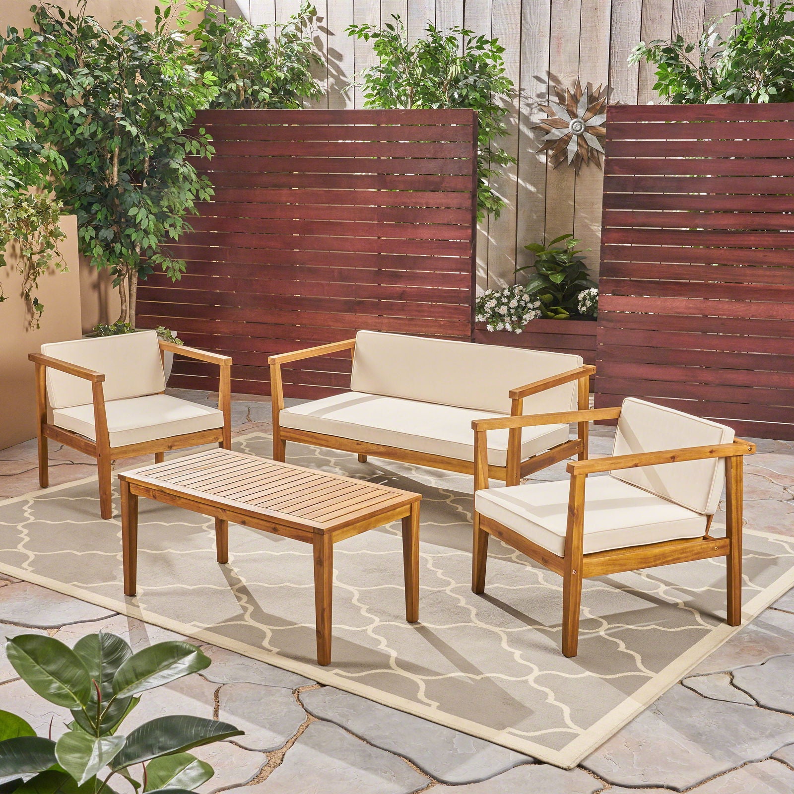 Outdoor 4-Seater Acacia Wood Chat Set with Coffee Table with Cushions, Teak and Beige himalipasal