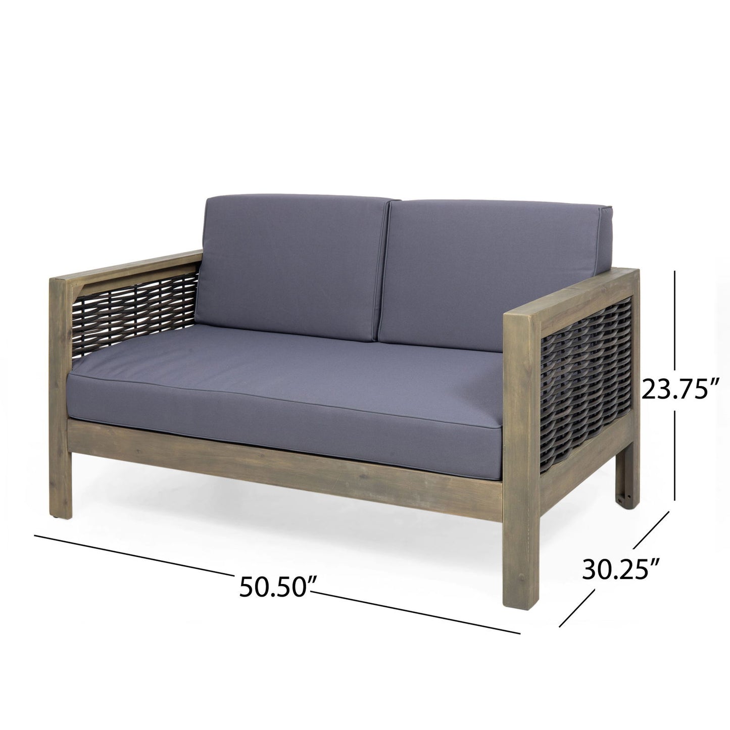 Outdoor 4 Seater Acacia Wood Chat Set with Wicker Accents and Cushions, Gray + Mixed Gray + Dark Gray himalipasal