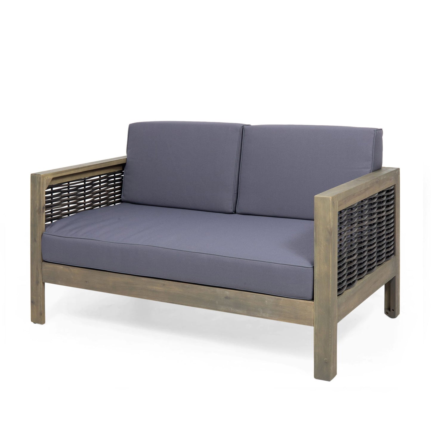 Outdoor 4 Seater Acacia Wood Chat Set with Wicker Accents and Cushions, Gray + Mixed Gray + Dark Gray himalipasal