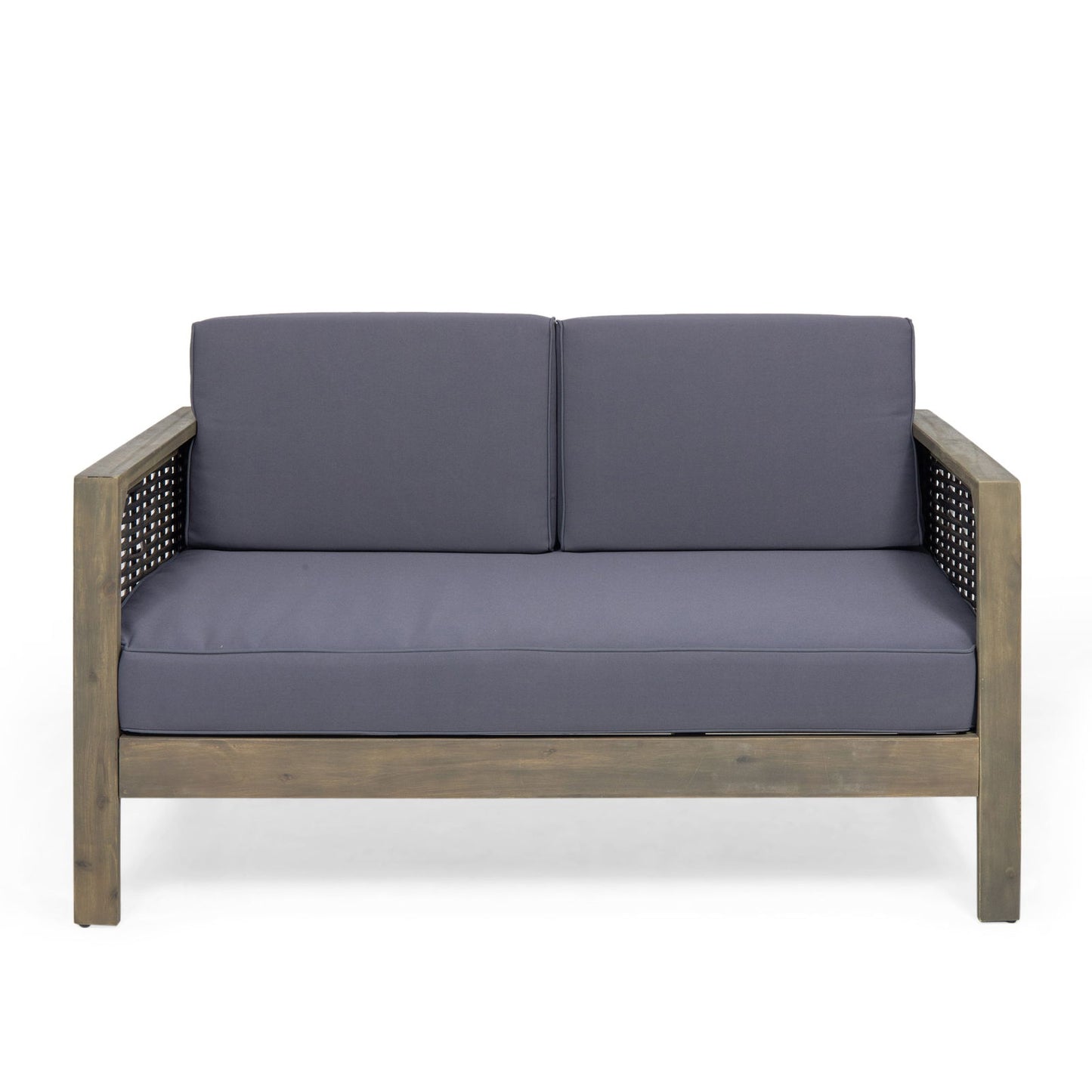 Outdoor 4 Seater Acacia Wood Chat Set with Wicker Accents and Cushions, Gray + Mixed Gray + Dark Gray himalipasal