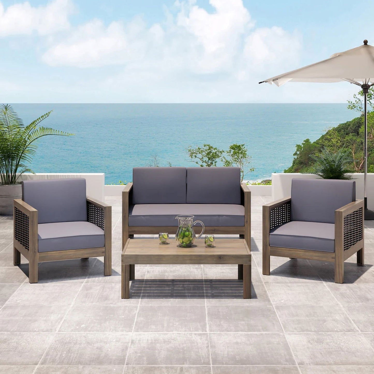 Outdoor 4 Seater Acacia Wood Chat Set with Wicker Accents and Cushions, Gray + Mixed Gray + Dark Gray himalipasal