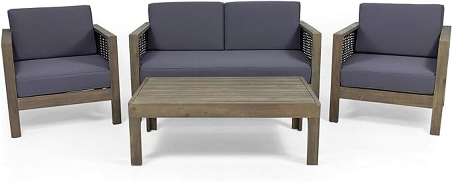 Outdoor 4 Seater Acacia Wood Chat Set with Wicker Accents and Cushions, Gray + Mixed Gray + Dark Gray himalipasal