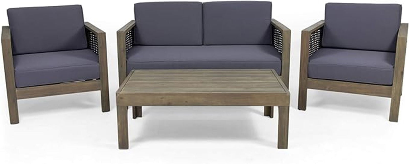 Outdoor 4 Seater Acacia Wood Chat Set with Wicker Accents and Cushions, Gray + Mixed Gray + Dark Gray himalipasal