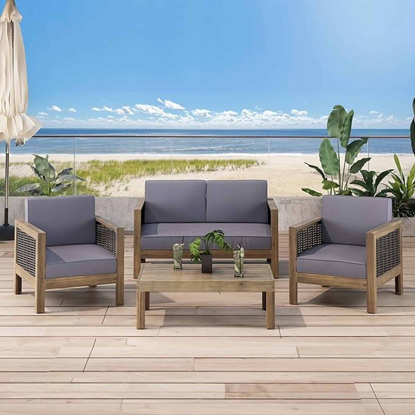 Outdoor 4 Seater Acacia Wood Chat Set with Wicker Accents and Cushions, Gray + Mixed Gray + Dark Gray himalipasal