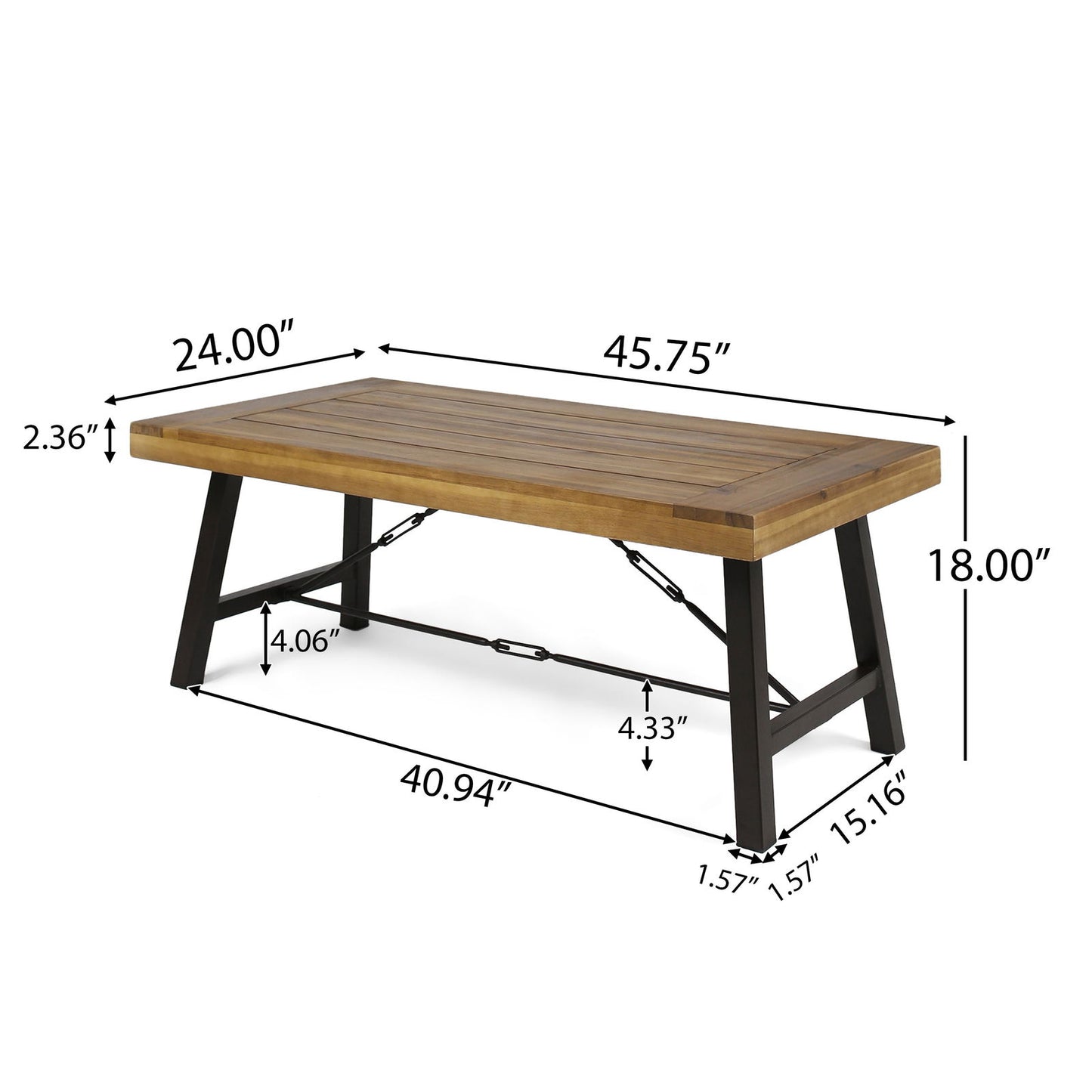 Outdoor Acacia Wood Coffee Table, Teak Finish / Rustic Metal Brown and Black, 27.25"D x 45.75"W x 18"H himalipasal