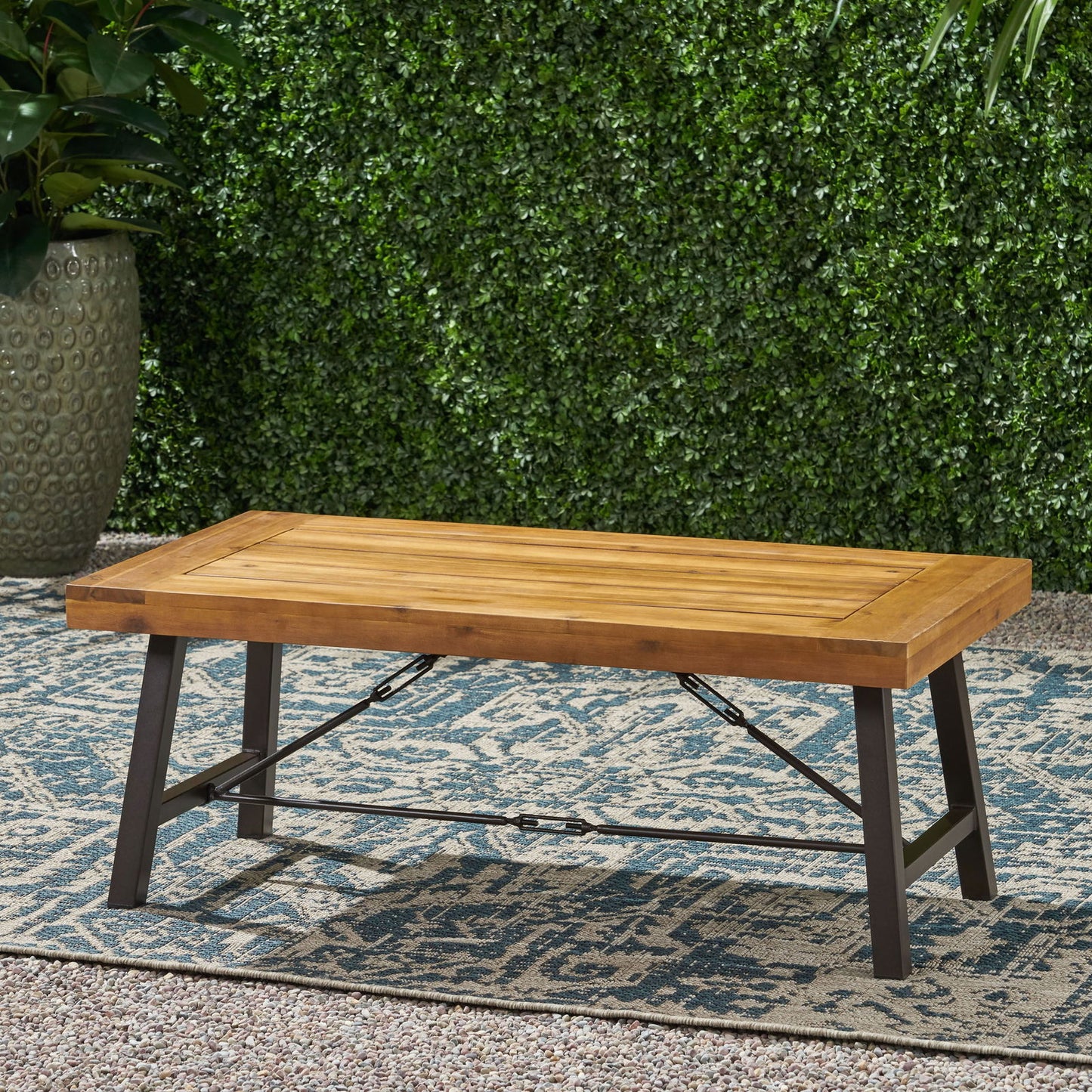 Outdoor Acacia Wood Coffee Table, Teak Finish / Rustic Metal Brown and Black, 27.25"D x 45.75"W x 18"H himalipasal