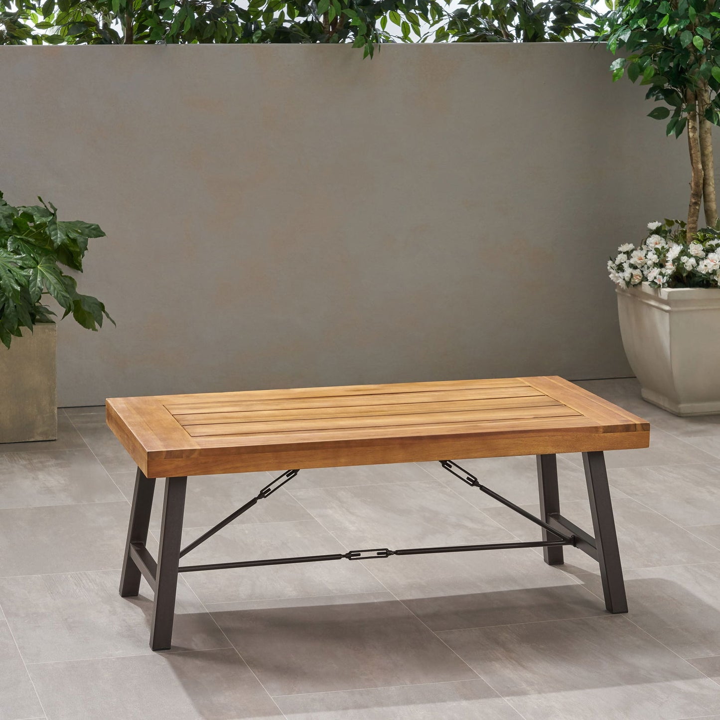 Outdoor Acacia Wood Coffee Table, Teak Finish / Rustic Metal Brown and Black, 27.25"D x 45.75"W x 18"H himalipasal