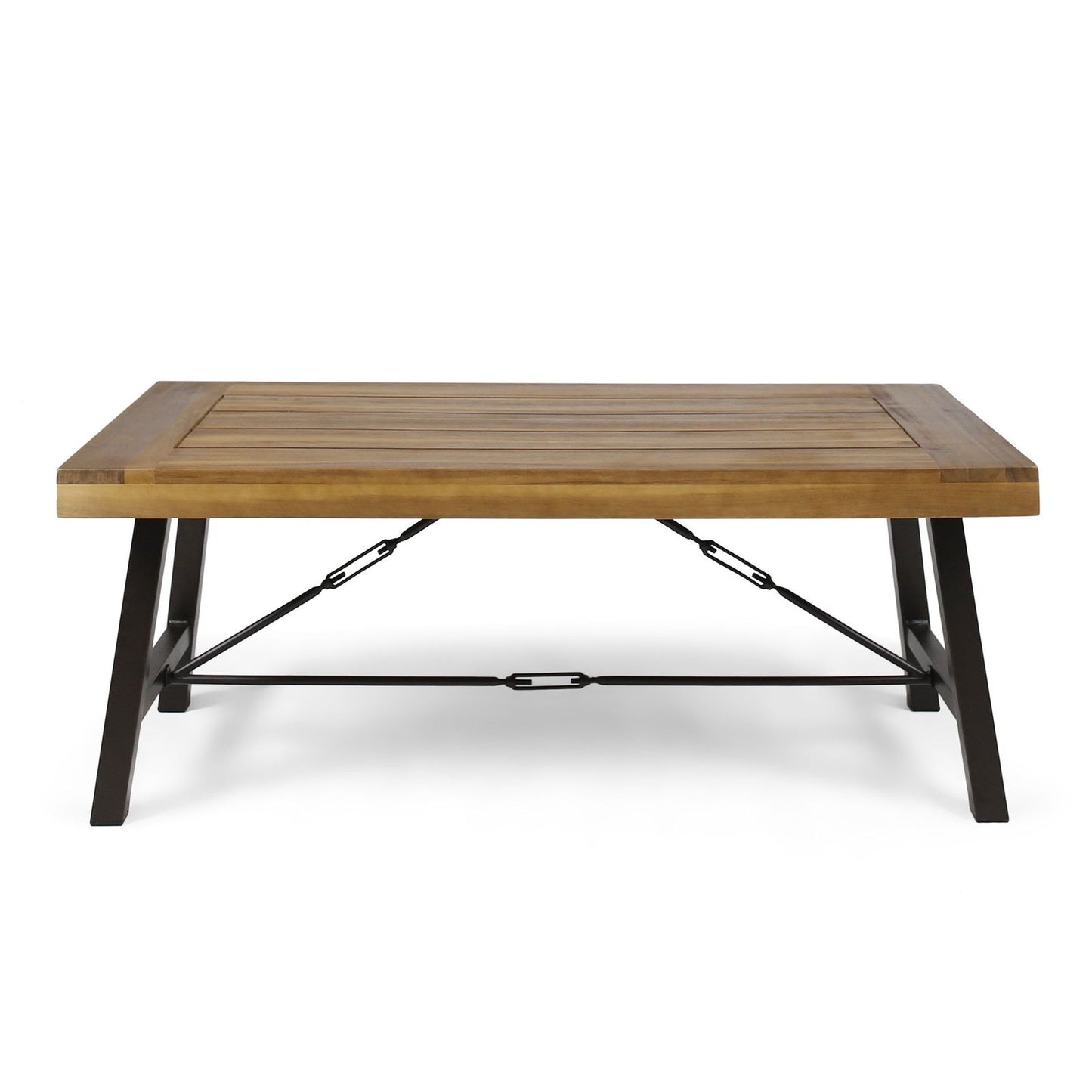 Outdoor Acacia Wood Coffee Table, Teak Finish / Rustic Metal Brown and Black, 27.25"D x 45.75"W x 18"H himalipasal