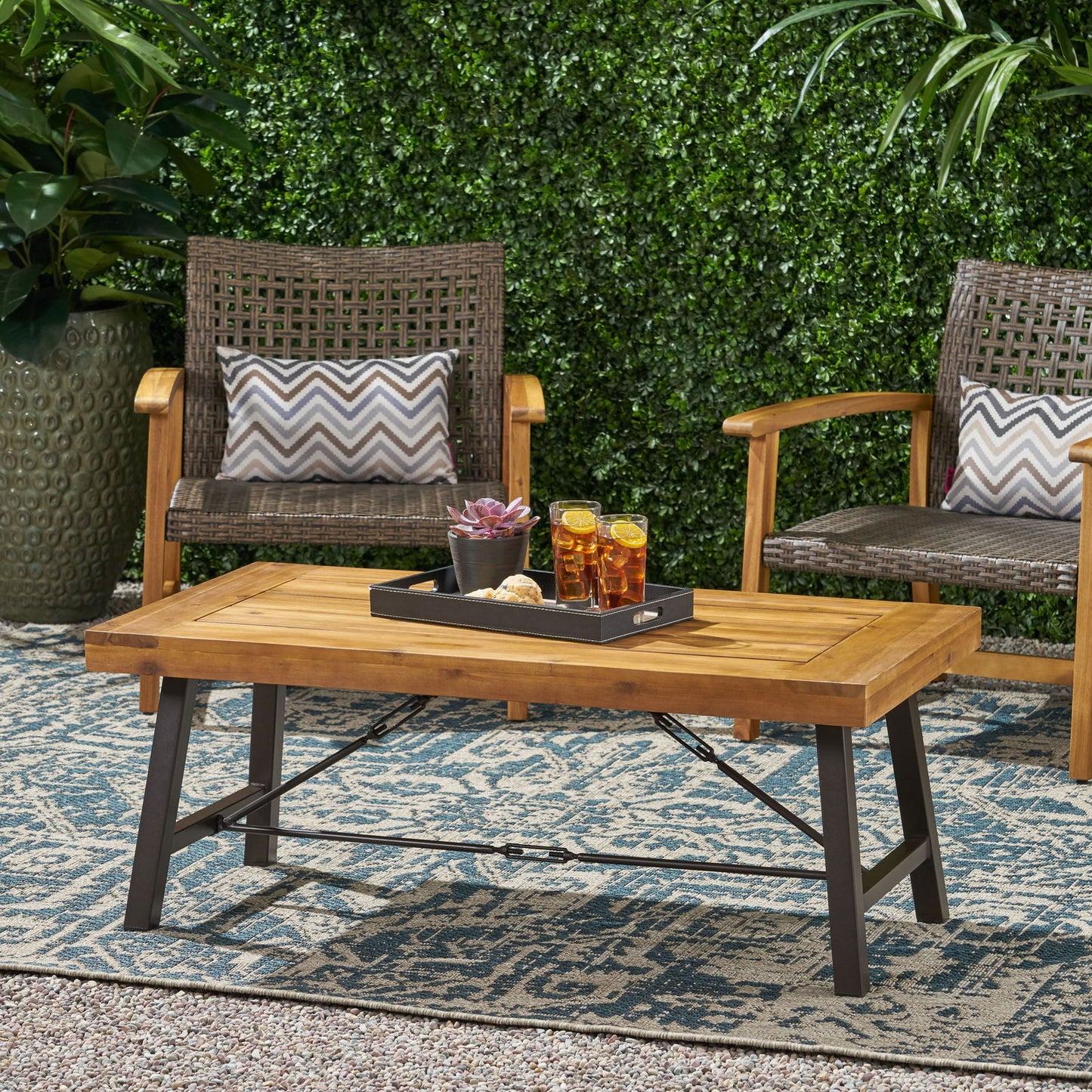 Outdoor Acacia Wood Coffee Table, Teak Finish / Rustic Metal Brown and Black, 27.25"D x 45.75"W x 18"H himalipasal