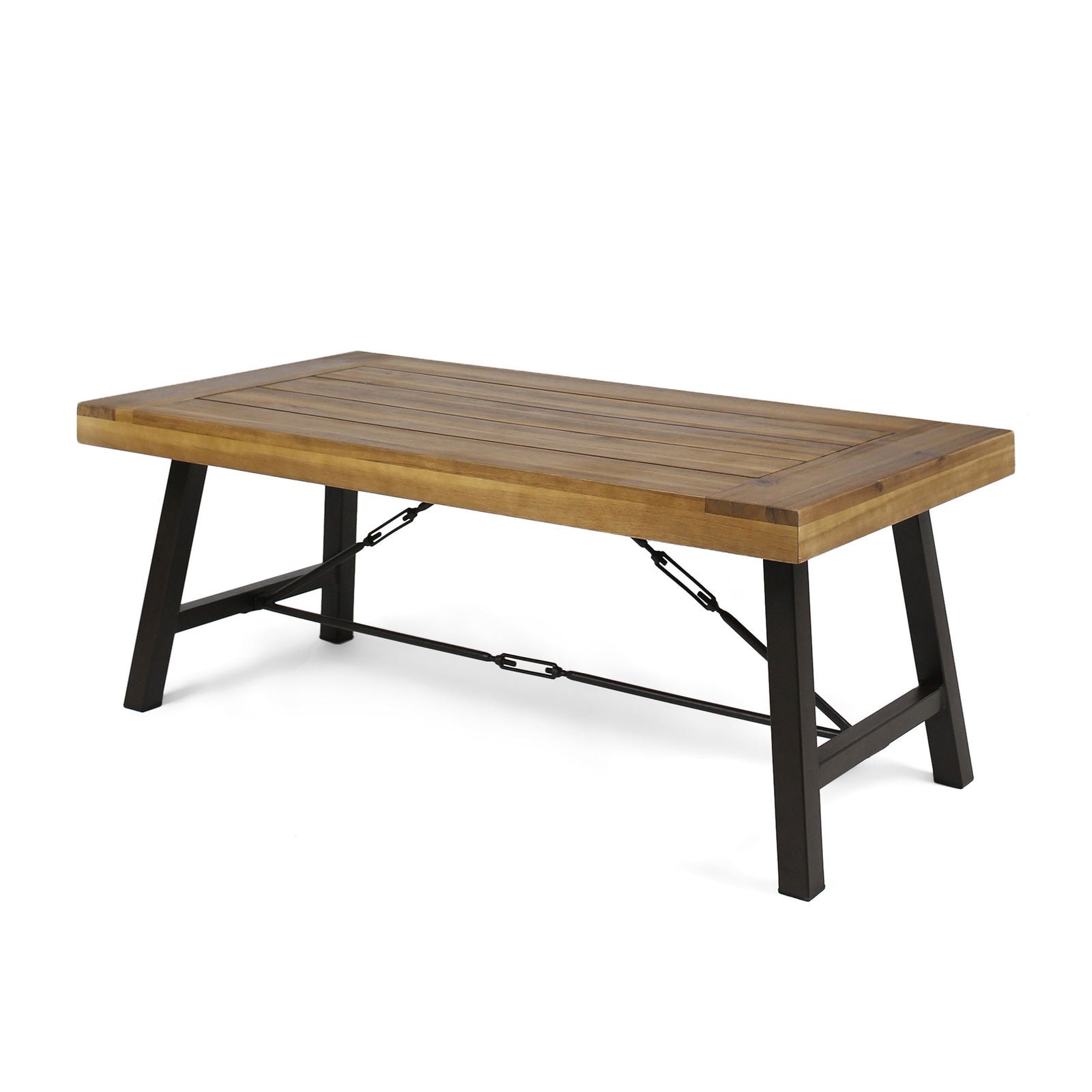 Outdoor Acacia Wood Coffee Table, Teak Finish / Rustic Metal Brown and Black, 27.25"D x 45.75"W x 18"H himalipasal