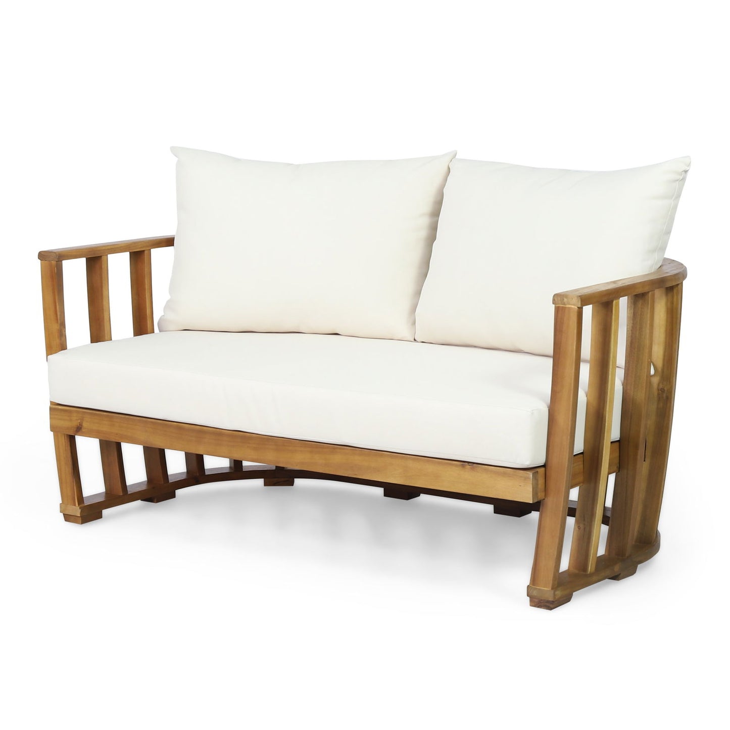 Outdoor Acacia Wood Loveseat and Coffee Table Set with Cushions, Teak, Beige himalipasal