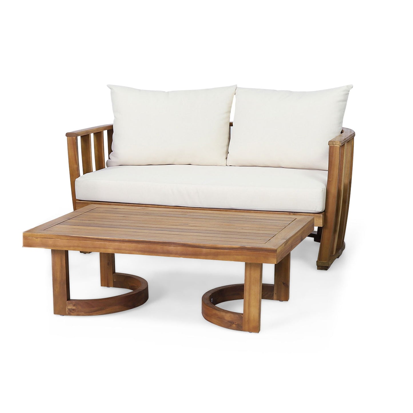 Outdoor Acacia Wood Loveseat and Coffee Table Set with Cushions, Teak, Beige himalipasal