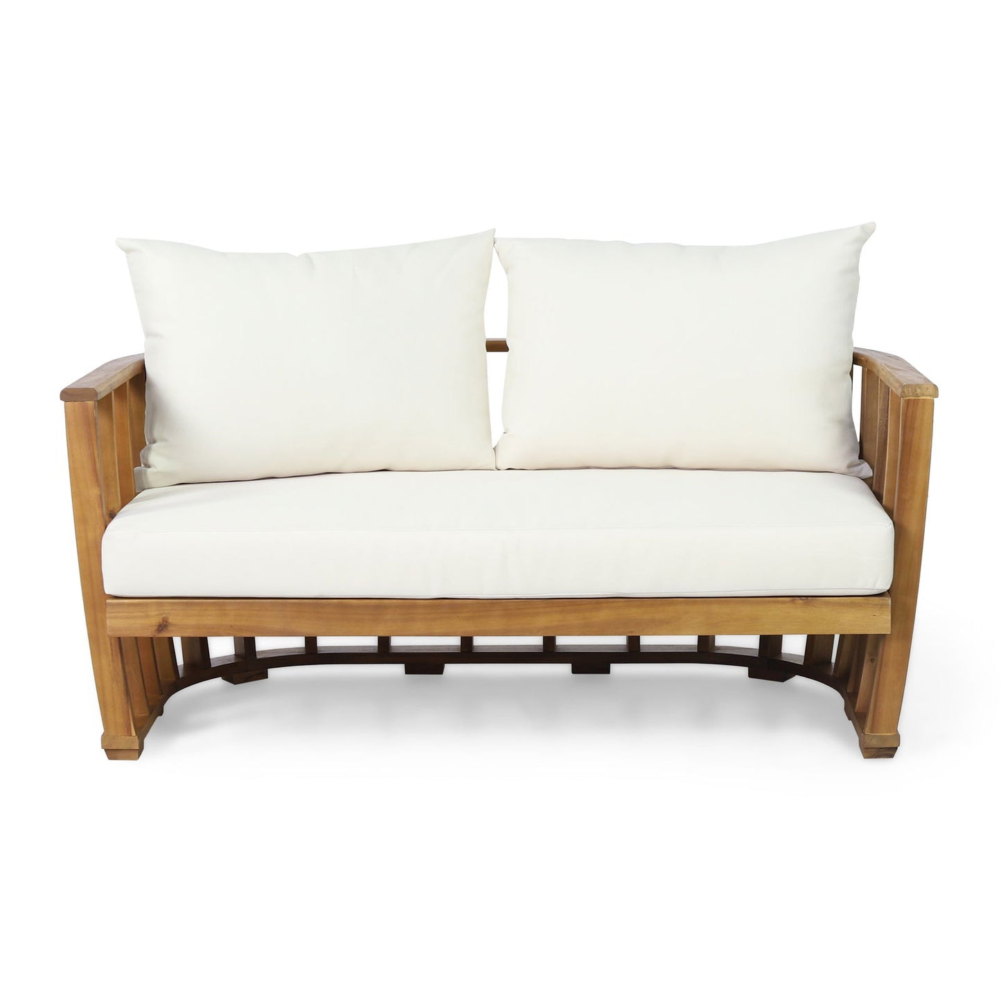 Outdoor Acacia Wood Loveseat and Coffee Table Set with Cushions, Teak, Beige himalipasal