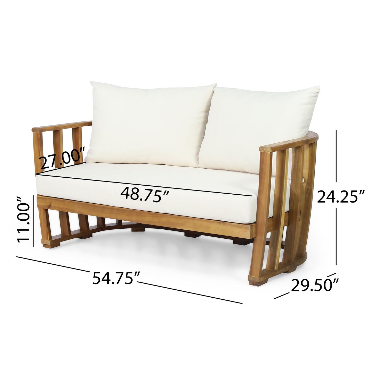 Outdoor Acacia Wood Loveseat and Coffee Table Set with Cushions, Teak, Beige himalipasal