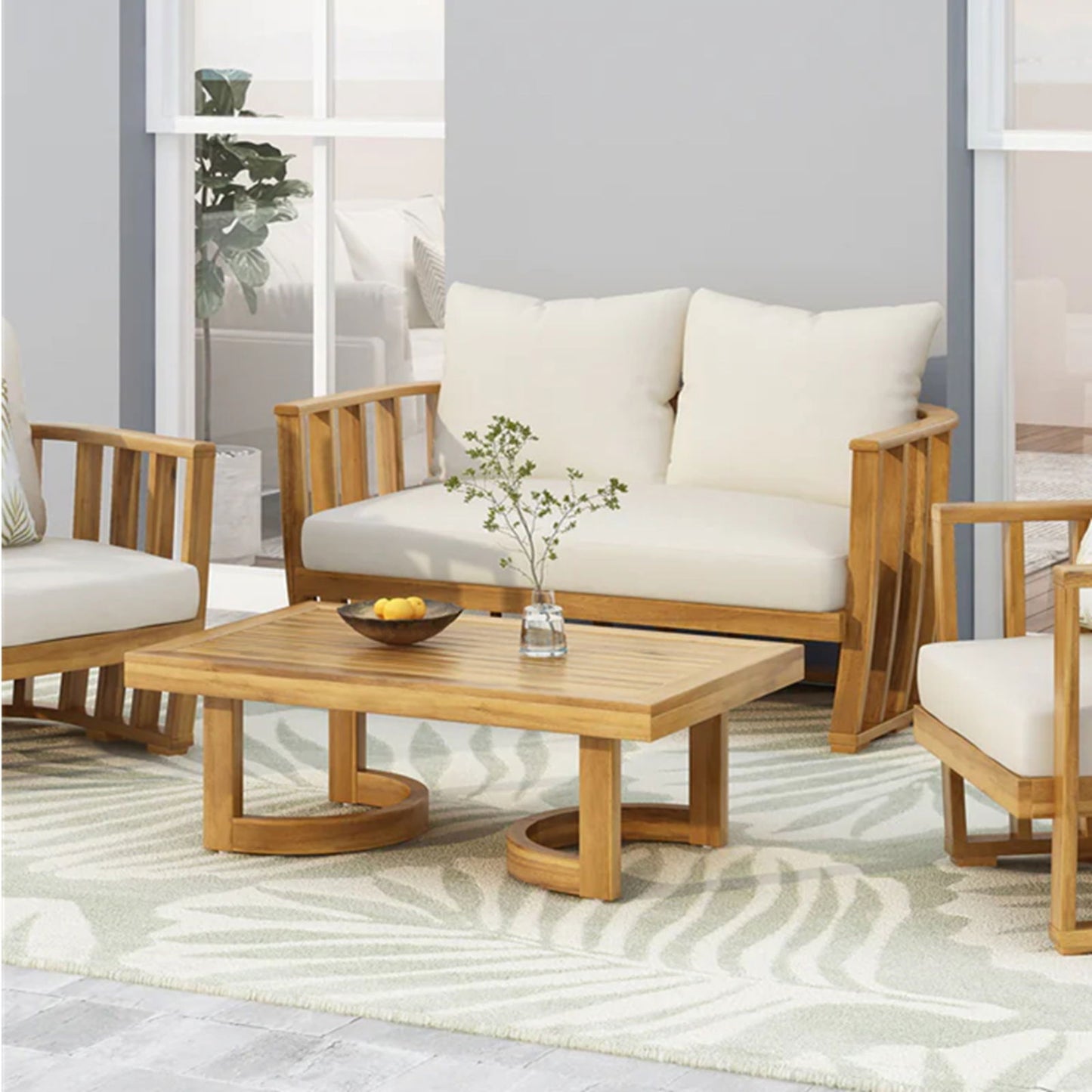 Outdoor Acacia Wood Loveseat and Coffee Table Set with Cushions, Teak, Beige himalipasal