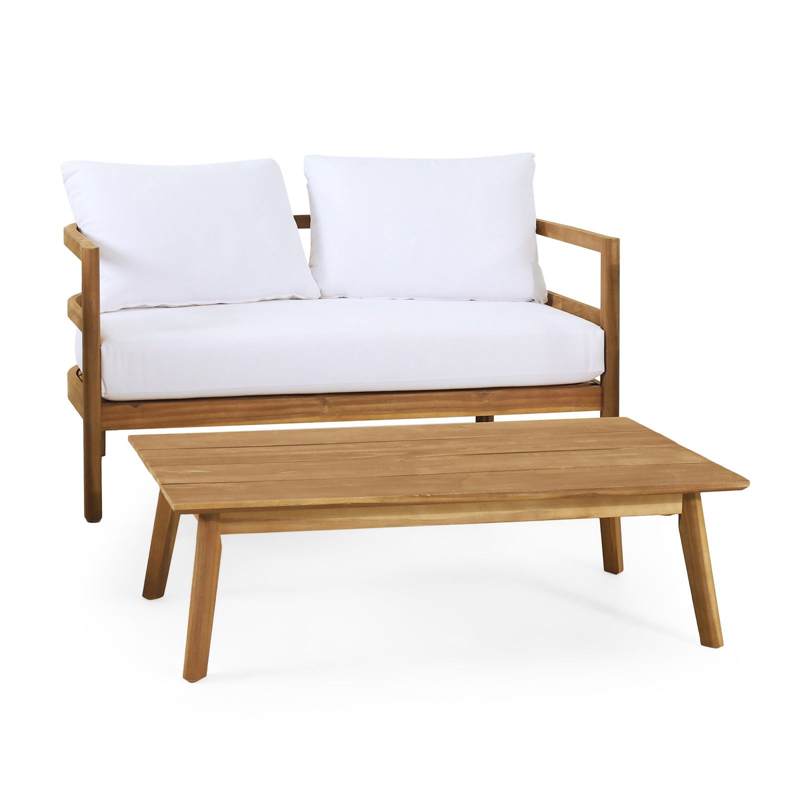 Outdoor Acacia Wood Loveseat and Coffee Table Set with Cushions, Teak and White himalipasal