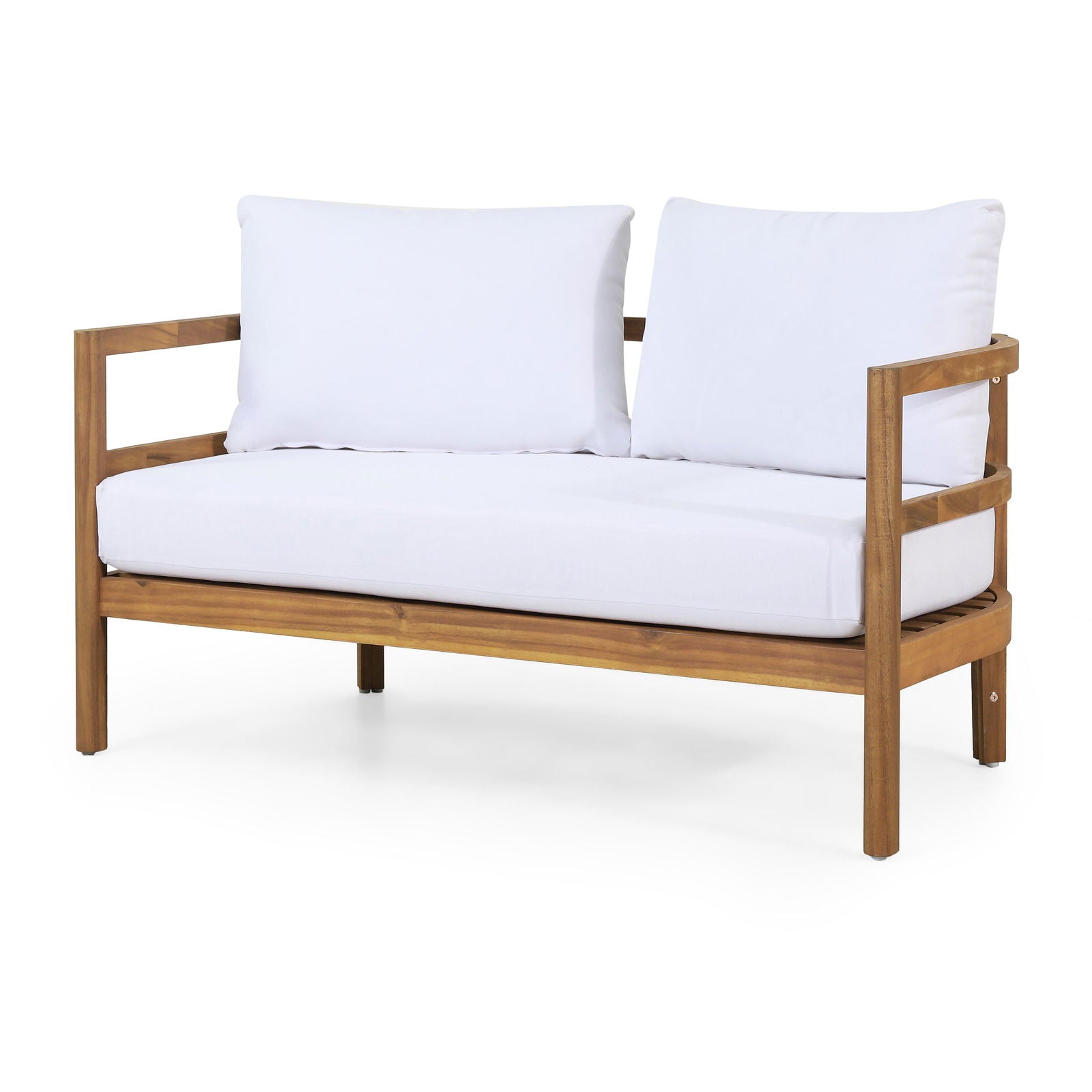 Outdoor Acacia Wood Loveseat and Coffee Table Set with Cushions, Teak and White himalipasal