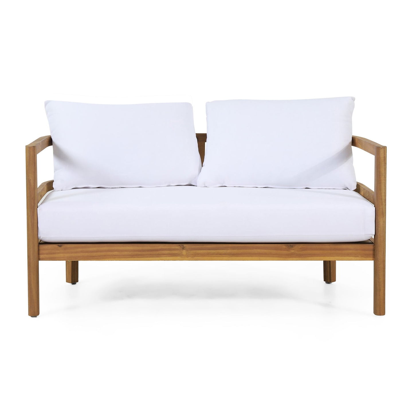 Outdoor Acacia Wood Loveseat and Coffee Table Set with Cushions, Teak and White himalipasal