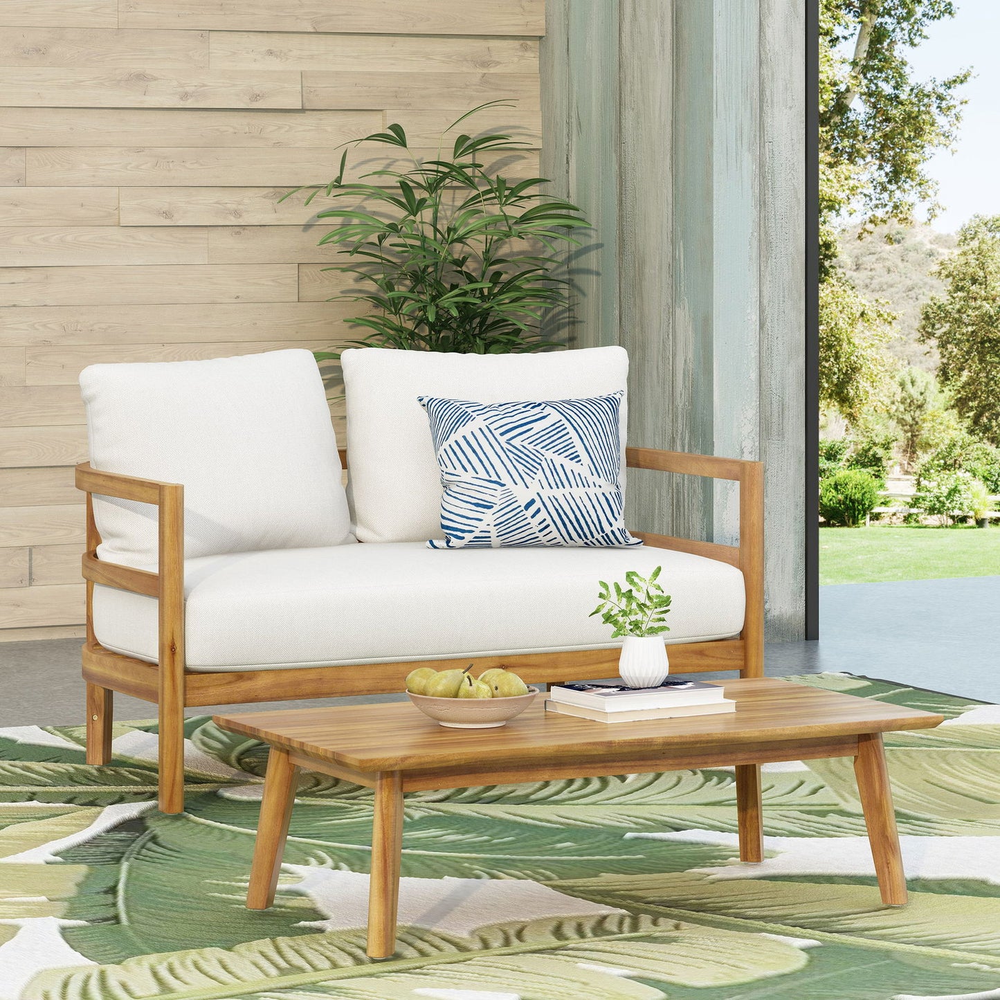 Outdoor Acacia Wood Loveseat and Coffee Table Set with Cushions, Teak and White himalipasal