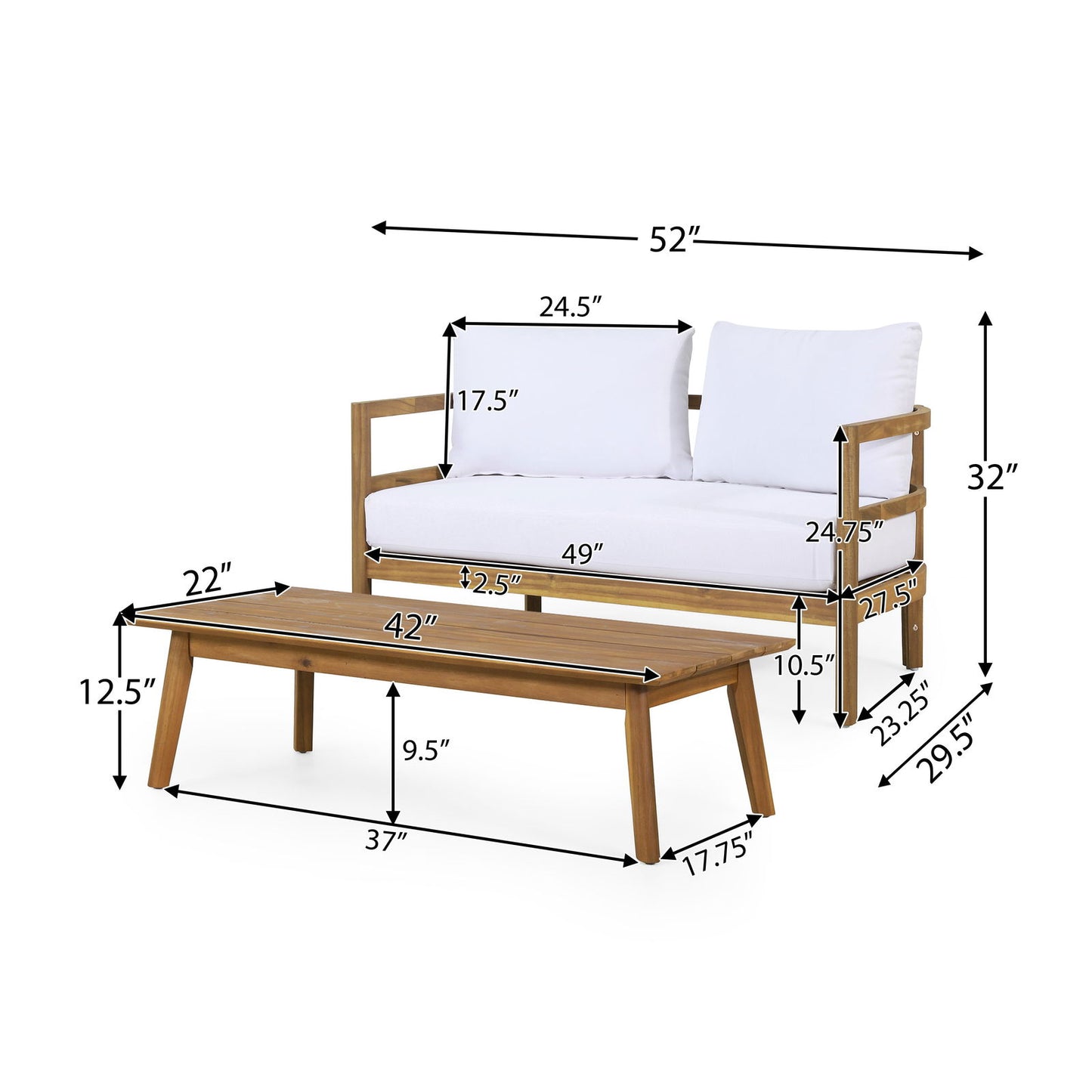 Outdoor Acacia Wood Loveseat and Coffee Table Set with Cushions, Teak and White himalipasal