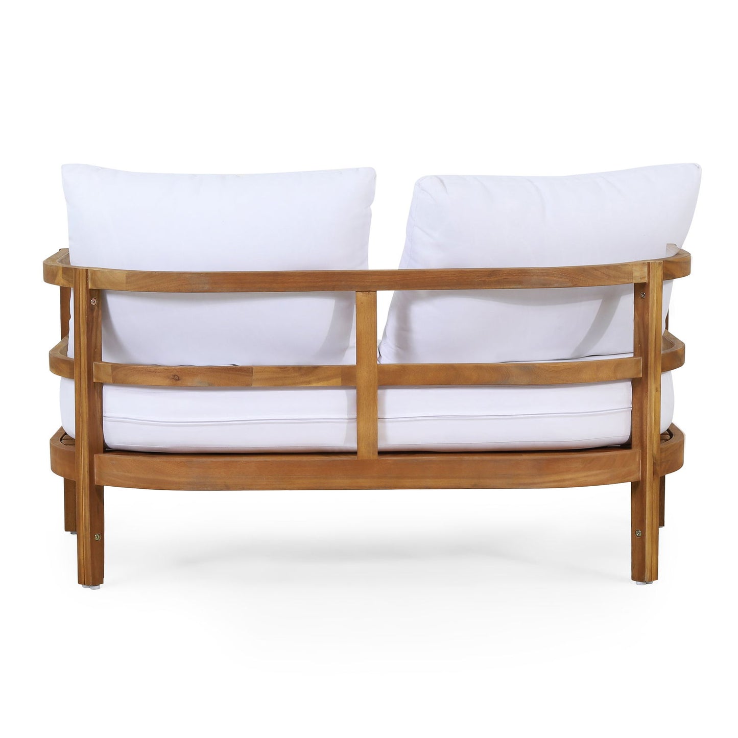 Outdoor Acacia Wood Loveseat and Coffee Table Set with Cushions, Teak and White himalipasal