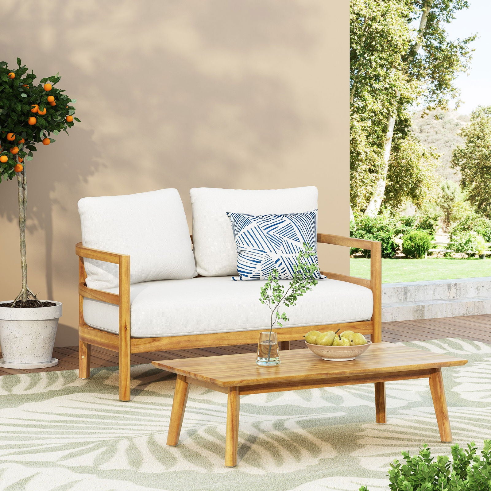 Outdoor Acacia Wood Loveseat and Coffee Table Set with Cushions, Teak and White himalipasal