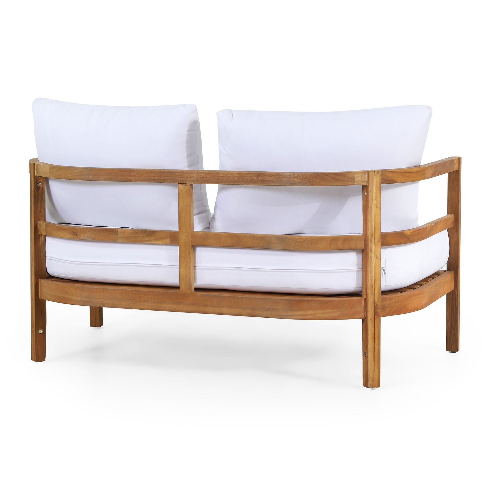 Outdoor Acacia Wood Loveseat and Coffee Table Set with Cushions, Teak and White himalipasal