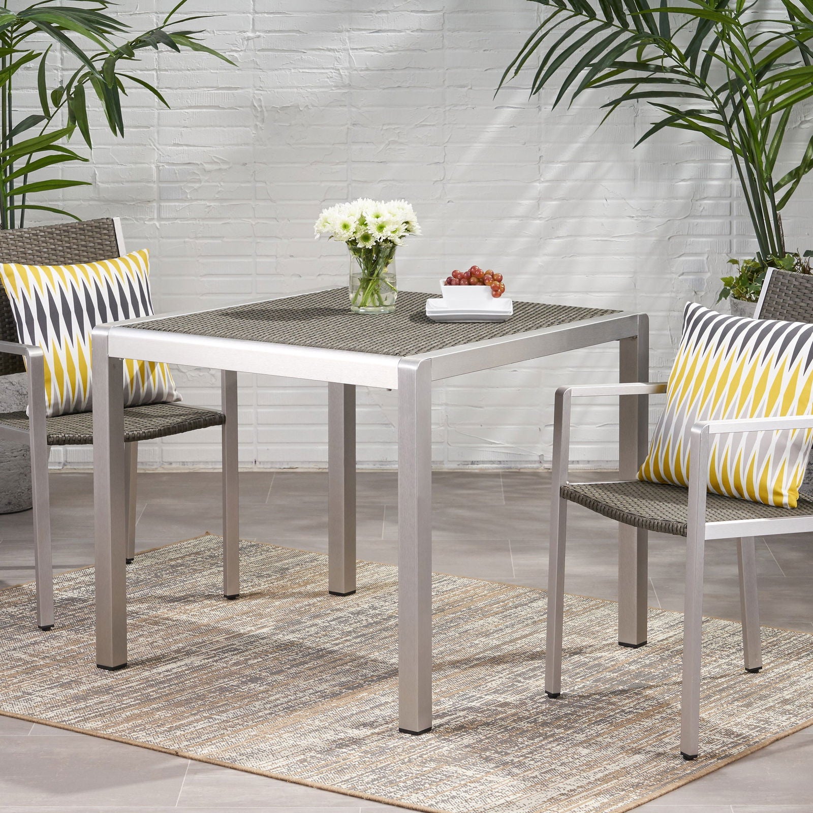 Outdoor Dining Table - Anodized Aluminum - Wicker Table Top - Square - Silver and Gray - 35" himalipasal