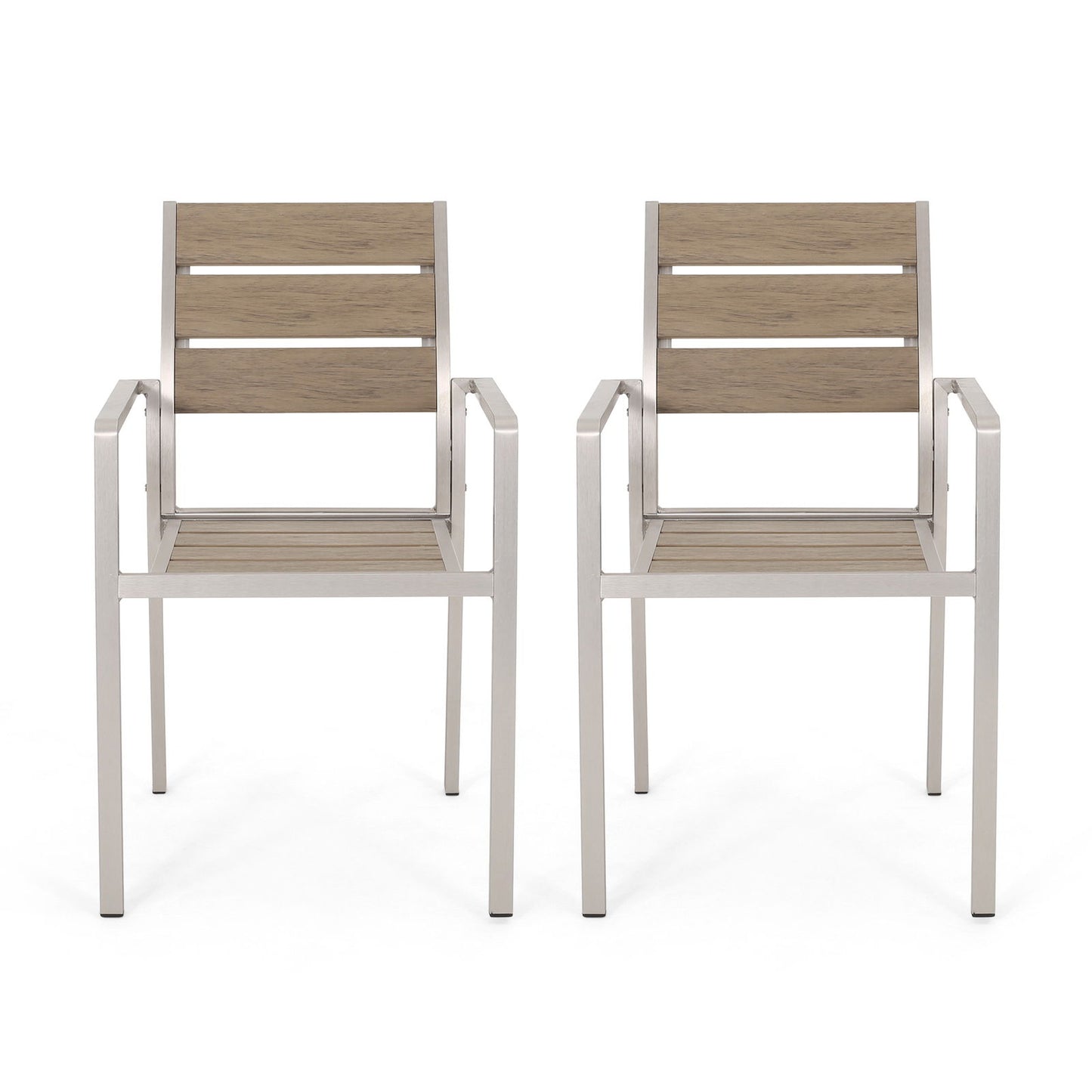 Outdoor Modern Aluminum Dining Chair with Faux Wood Seat (Set of 2), Natural and Silver himalipasal