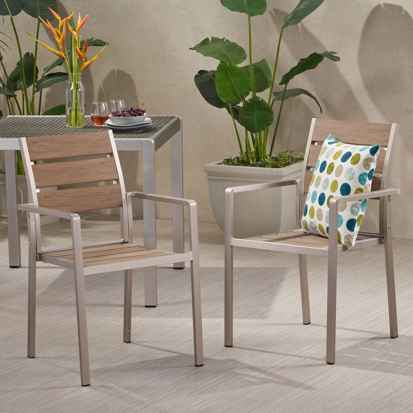 Outdoor Modern Aluminum Dining Chair with Faux Wood Seat (Set of 2), Natural and Silver himalipasal