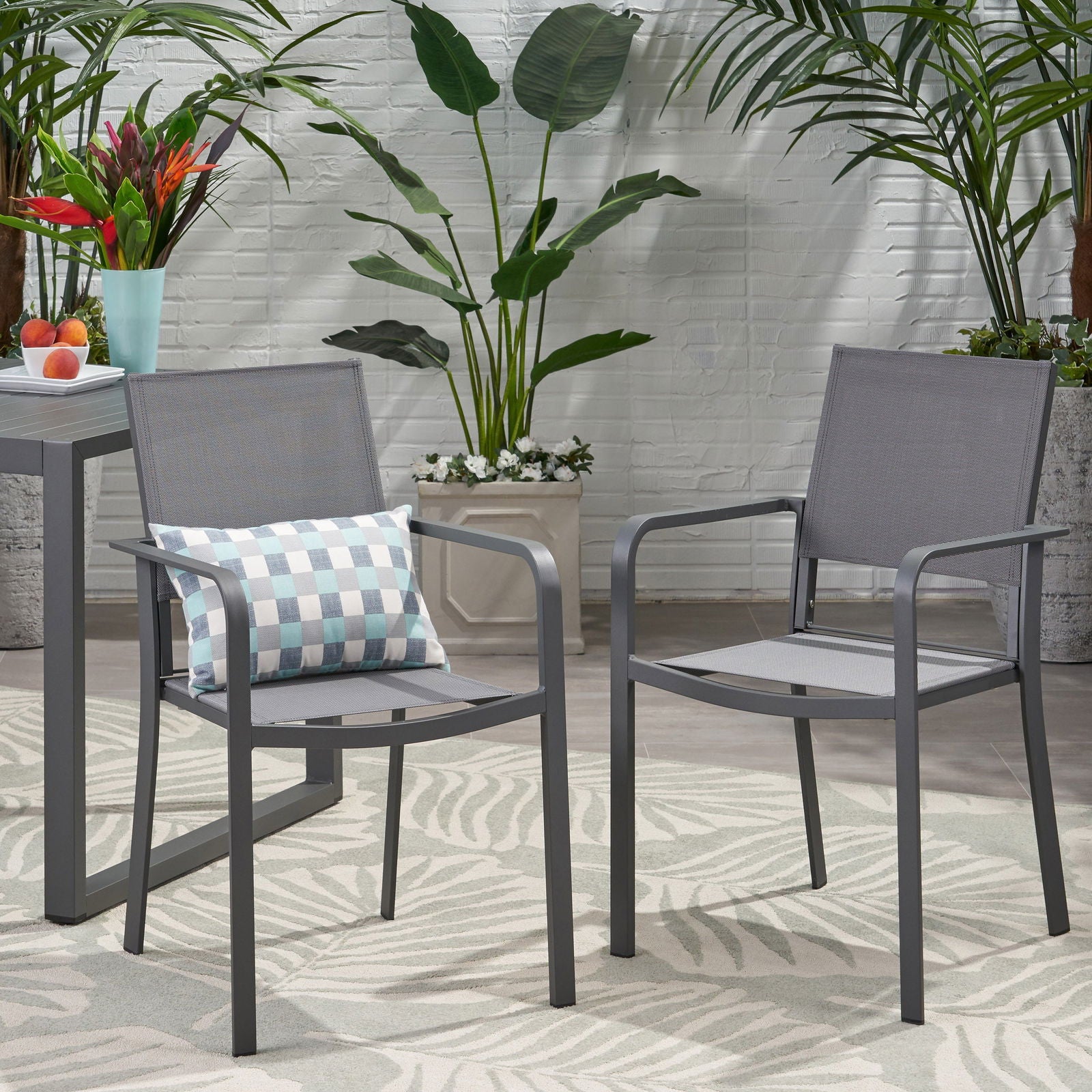 Outdoor Modern Aluminum Dining Chair with Mesh Seat (Set of 2), Gun Metal Gray and Dark Gray himalipasal