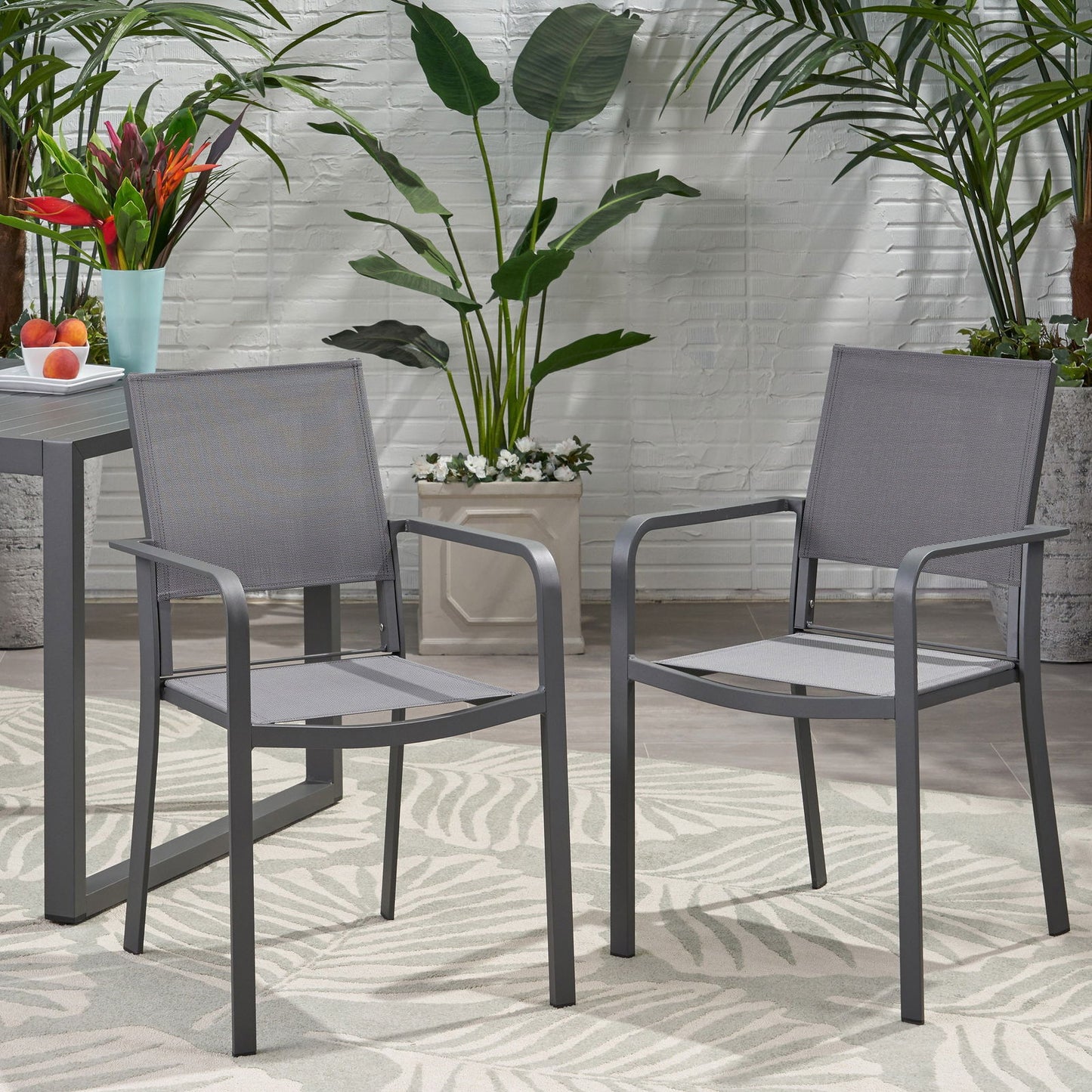 Outdoor Modern Aluminum Dining Chair with Mesh Seat (Set of 2), Gun Metal Gray and Dark Gray himalipasal