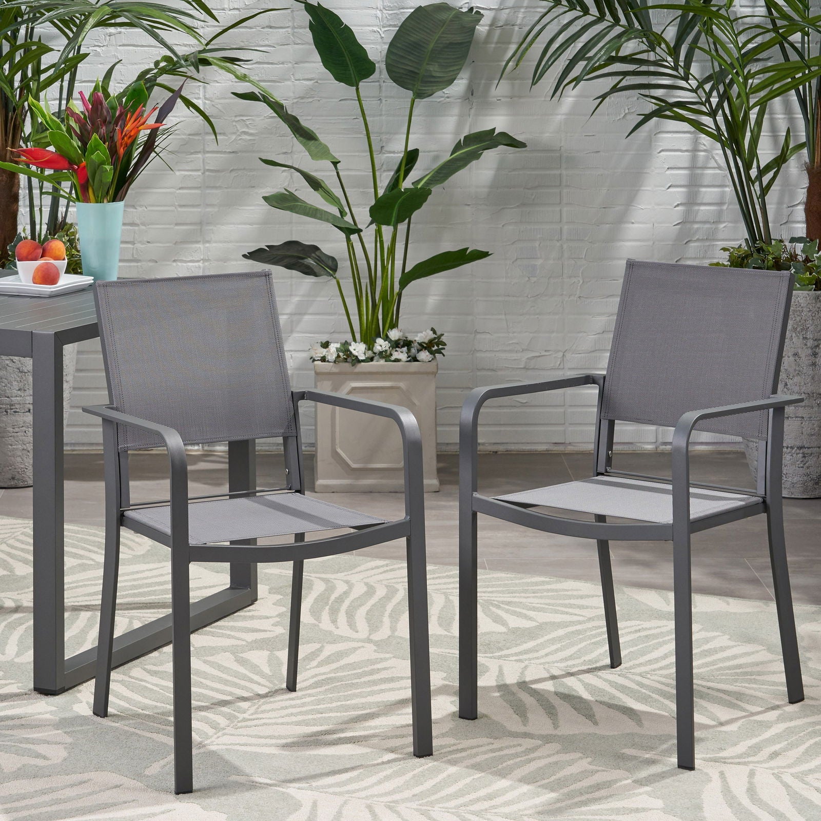 Outdoor Modern Aluminum Dining Chair with Mesh Seat (Set of 2), Gun Metal Gray and Dark Gray himalipasal