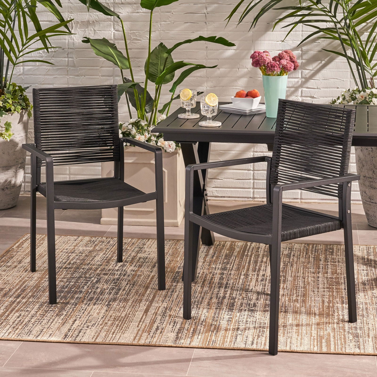 Outdoor Modern Aluminum Dining Chair with Rope Seat (Set of 2), Dark Gray and Black himalipasal