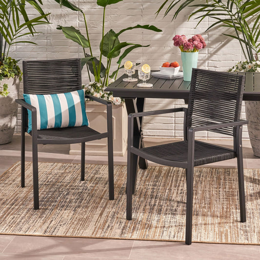 Outdoor Modern Aluminum Dining Chair with Rope Seat (Set of 2), Dark Gray and Black himalipasal