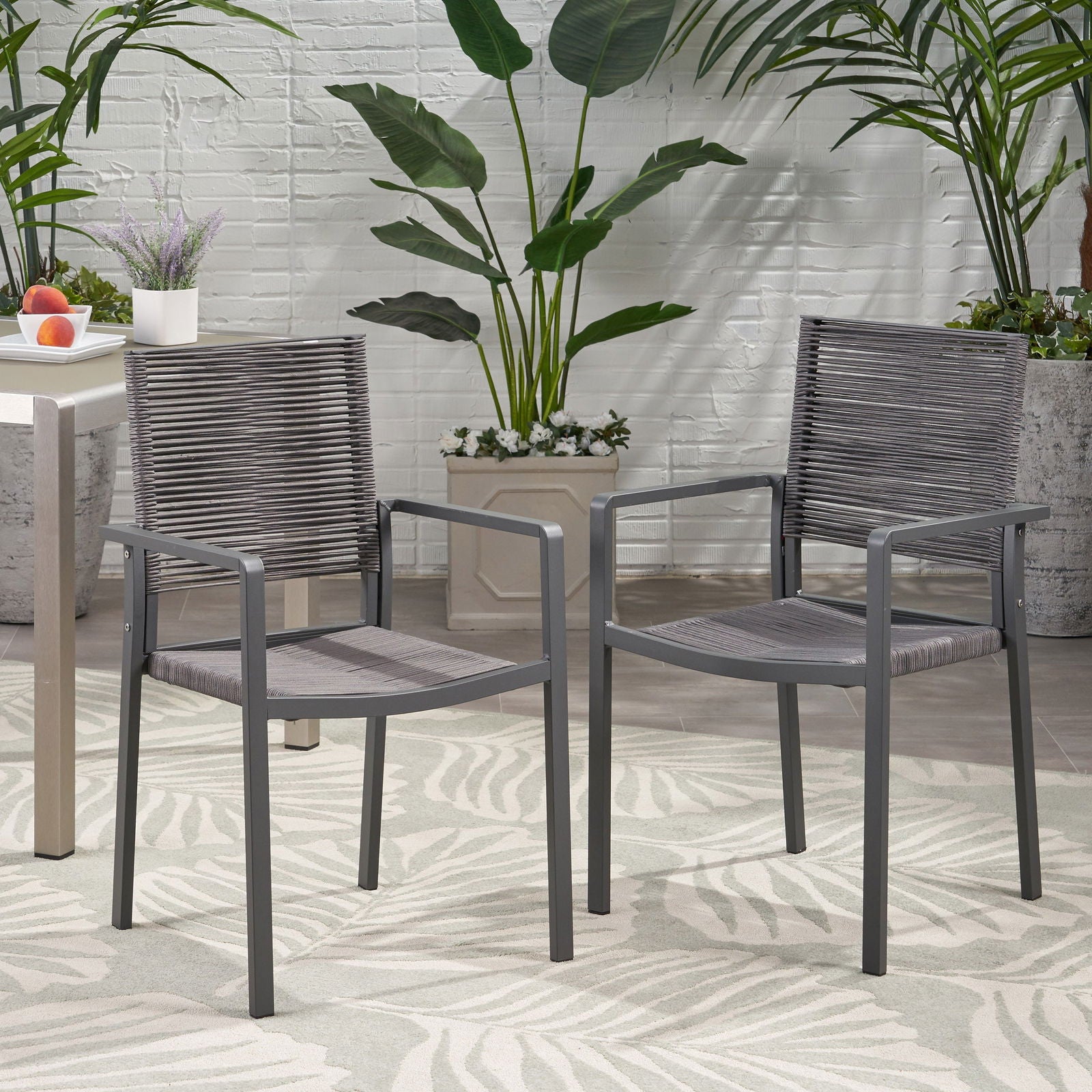 Outdoor Modern Aluminum Dining Chair with Rope Seat (Set of 2), Gray and Dark Gray himalipasal