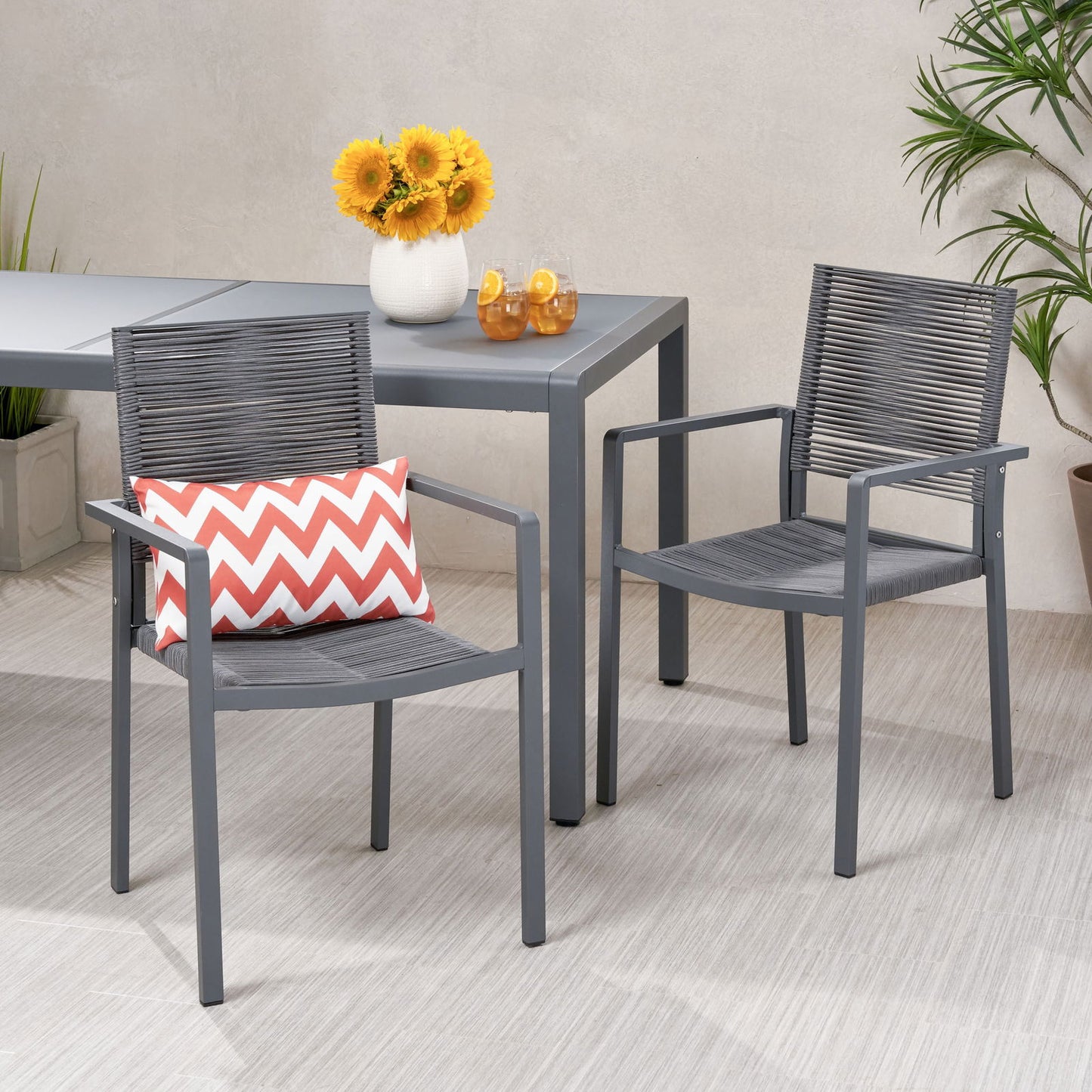 Outdoor Modern Aluminum Dining Chair with Rope Seat (Set of 2), Gray and Dark Gray himalipasal