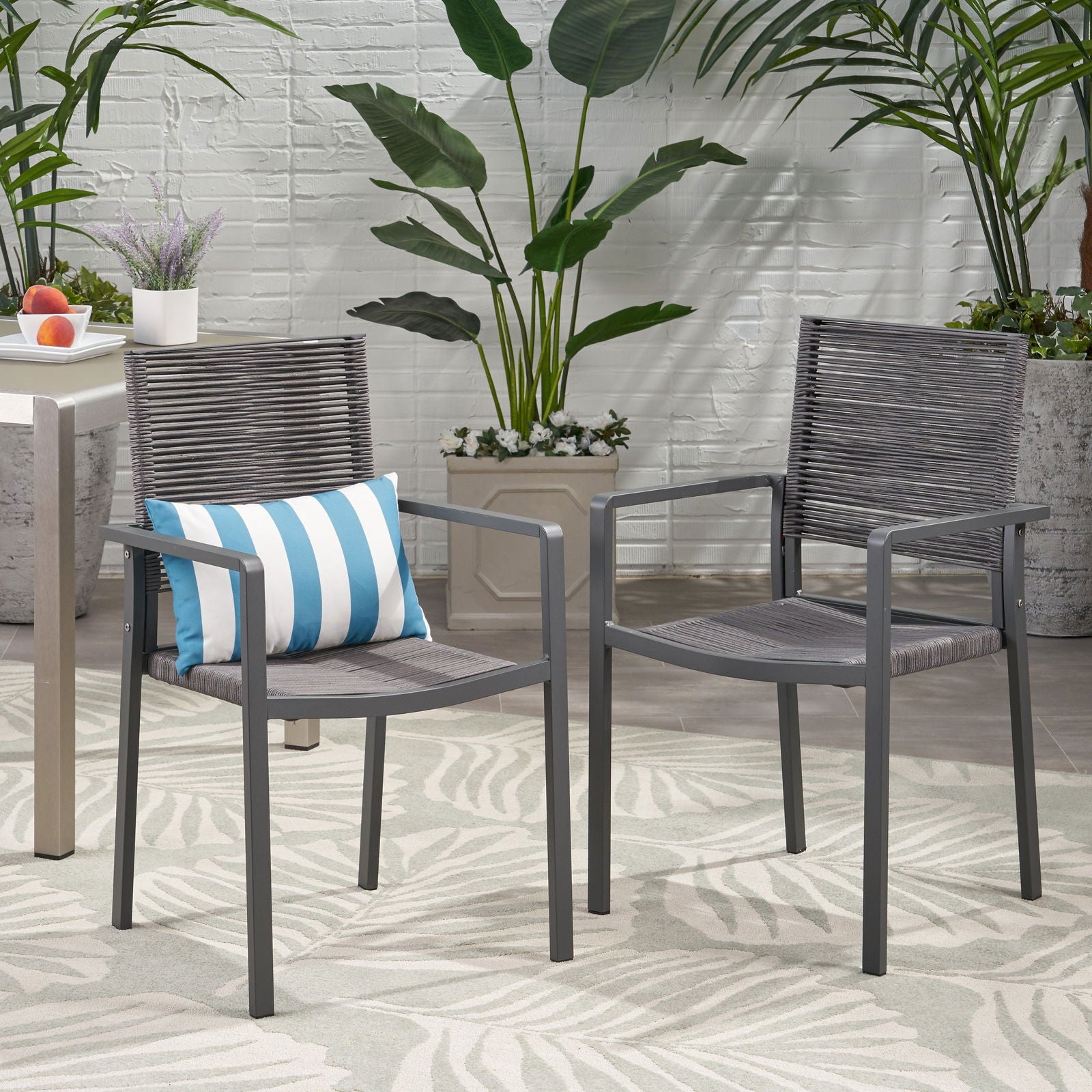 Outdoor Modern Aluminum Dining Chair with Rope Seat (Set of 2), Gray and Dark Gray himalipasal