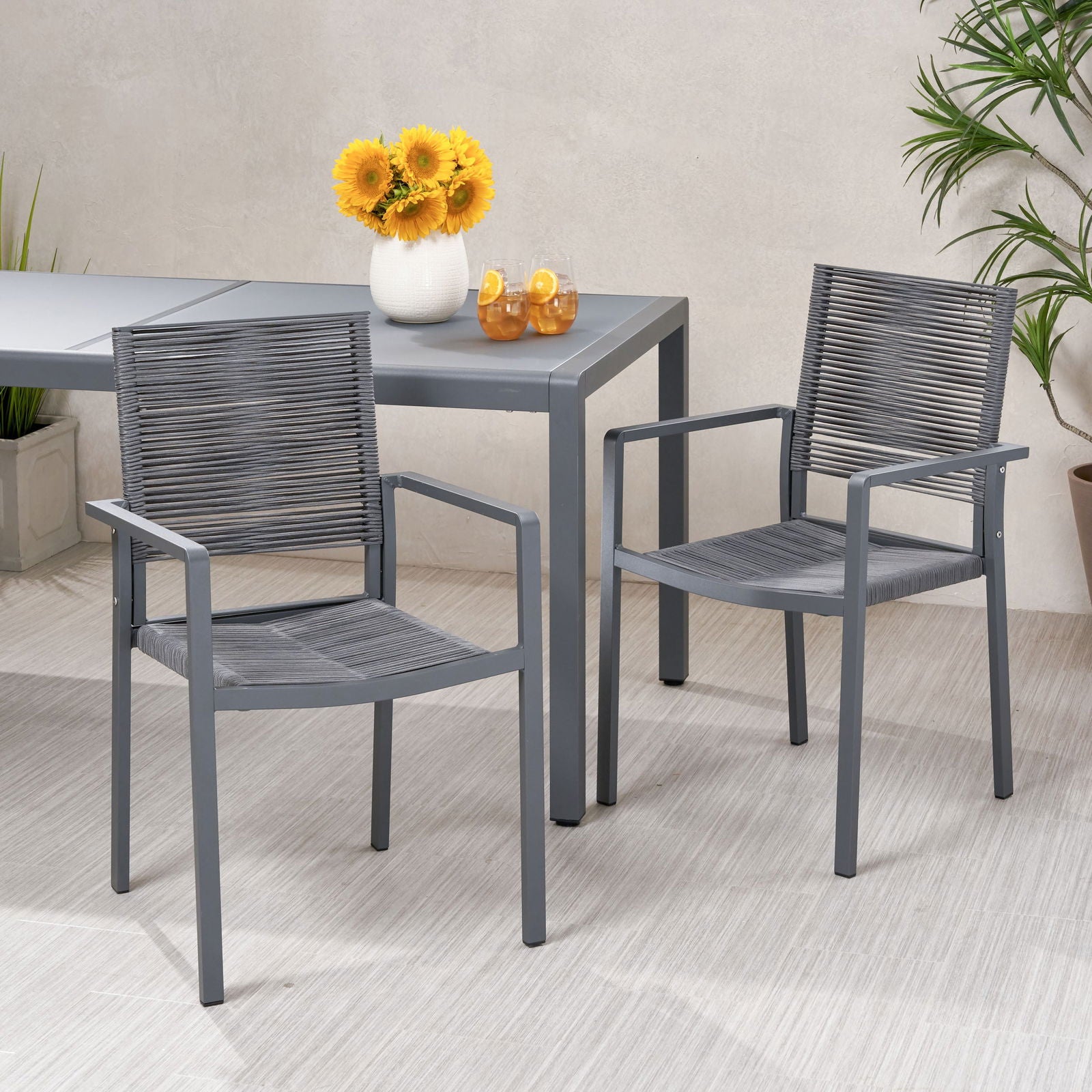 Outdoor Modern Aluminum Dining Chair with Rope Seat (Set of 2), Gray and Dark Gray himalipasal