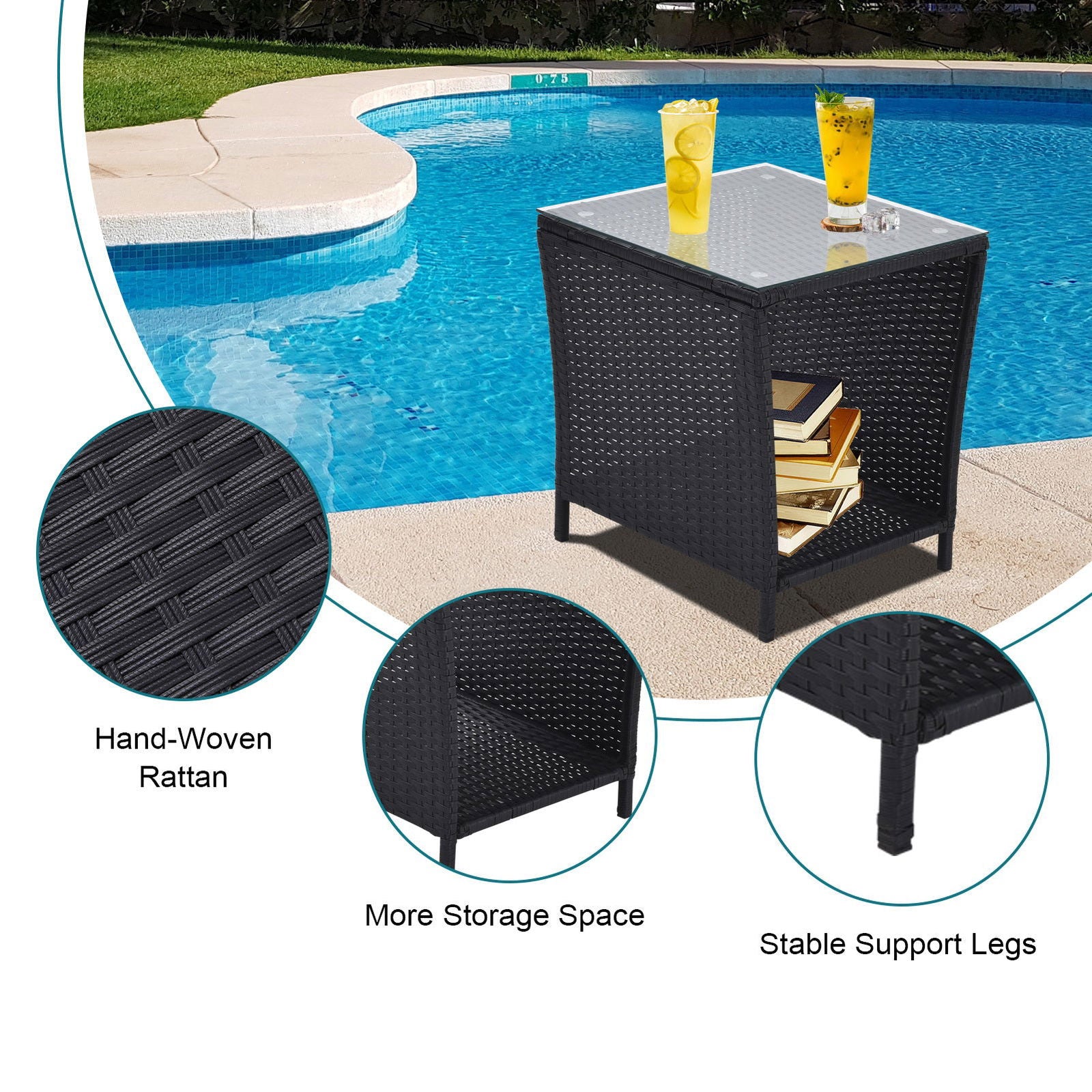 Outdoor Side Coffee Table with Storage Shelf,All Weather PE Rattan and Steel Frame,Patio Furniture Square,Bistro Table for Garden Porch,Backyard Pool Indoor (Black) himalipasal