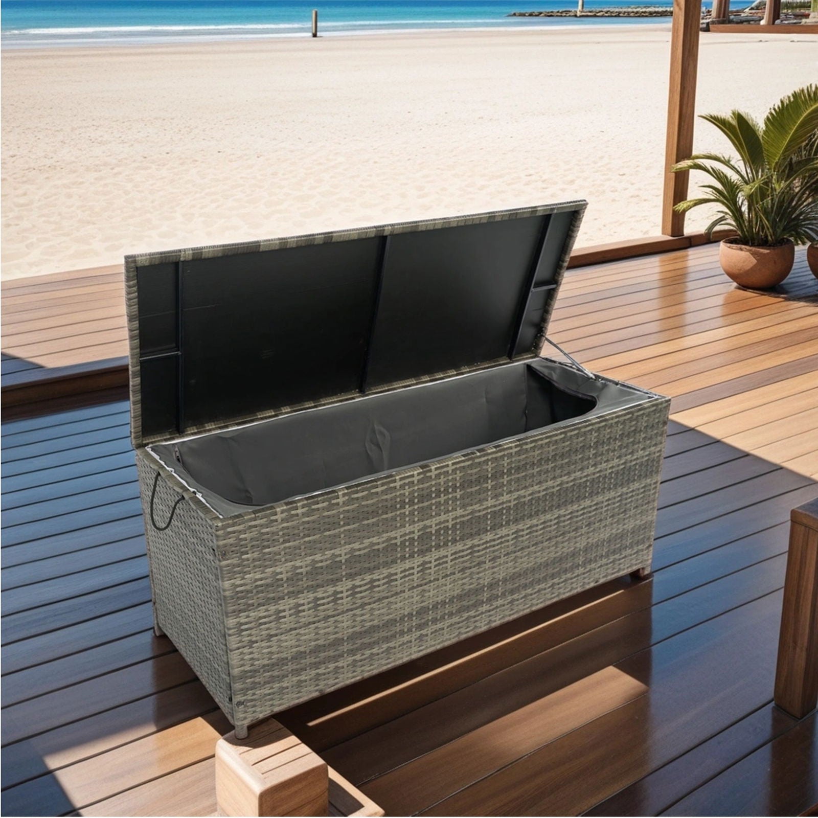 Outdoor Storage Box, 113 Gallon Wicker Patio Deck Boxes with Lid, Outdoor Cushion Storage for Kids Toys, Pillows, Towel Grey Wicker himalipasal