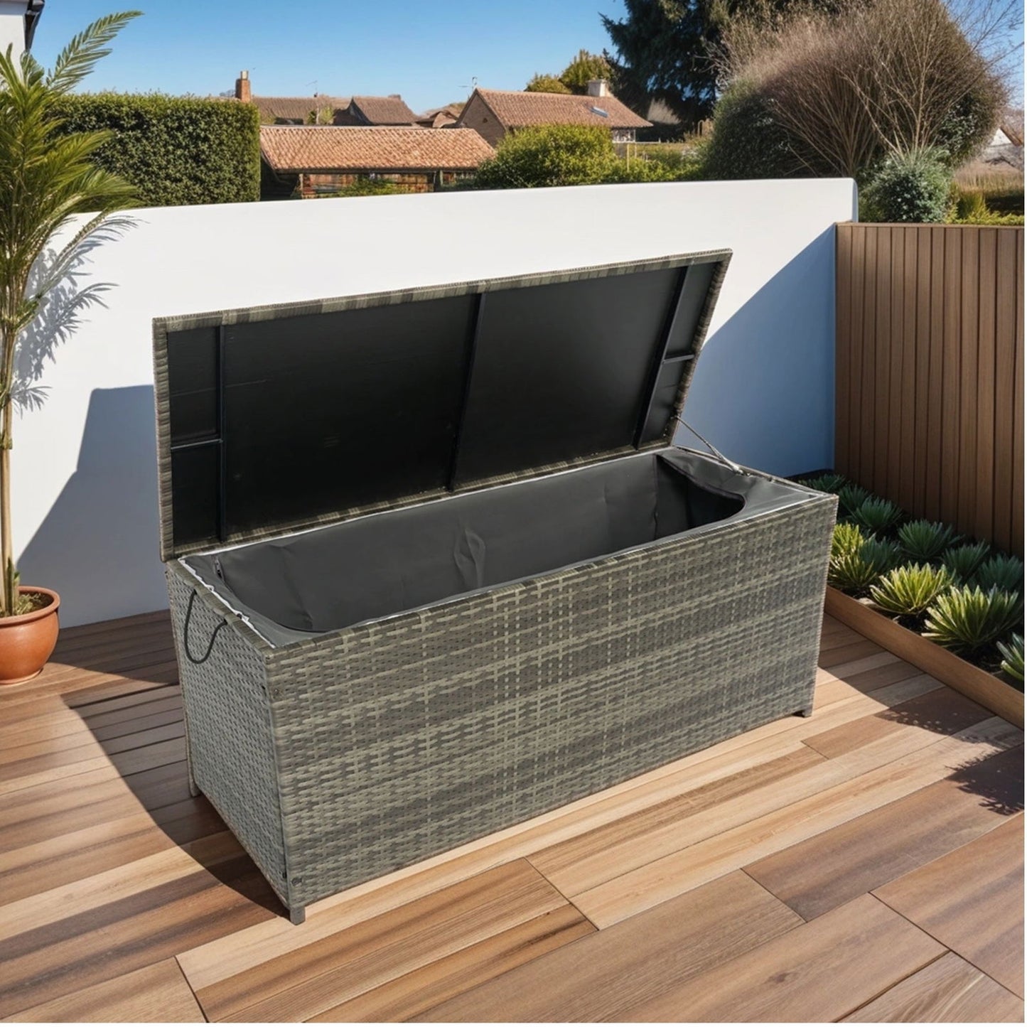 Outdoor Storage Box, 113 Gallon Wicker Patio Deck Boxes with Lid, Outdoor Cushion Storage for Kids Toys, Pillows, Towel Grey Wicker himalipasal