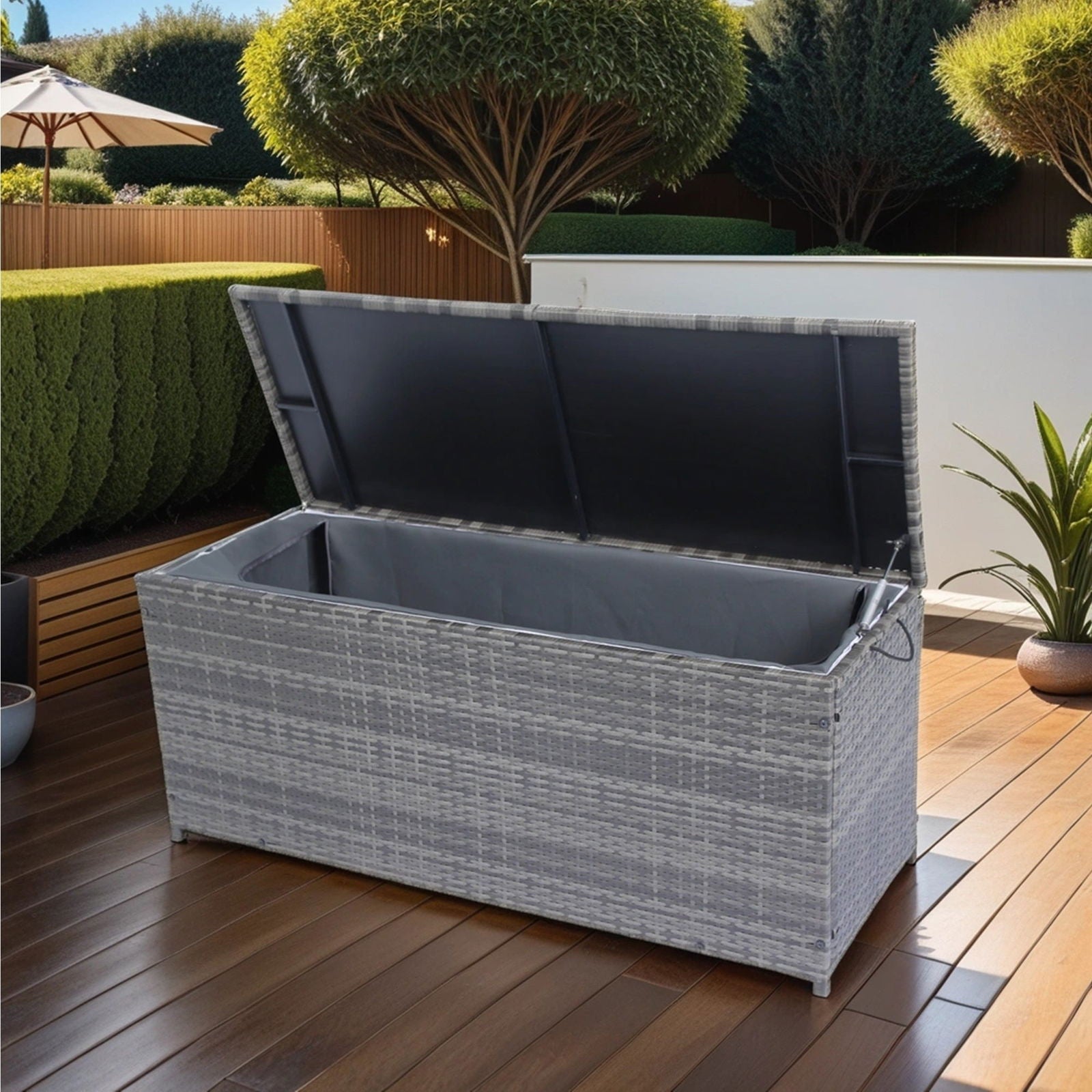 Outdoor Storage Box, 113 Gallon Wicker Patio Deck Boxes with Lid, Outdoor Cushion Storage for Kids Toys, Pillows, Towel Grey Wicker himalipasal