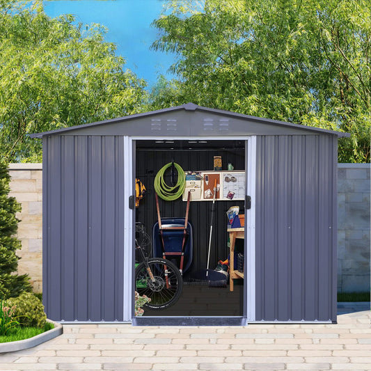 Outdoor Storage Shed 8 x 6 FT Large Metal Tool Sheds, Heavy Duty Storage House with Sliding Doors with Air Vent for Backyard Patio Lawn to Store Bikes, Tools, Lawnmowers Dark Grey himalipasal