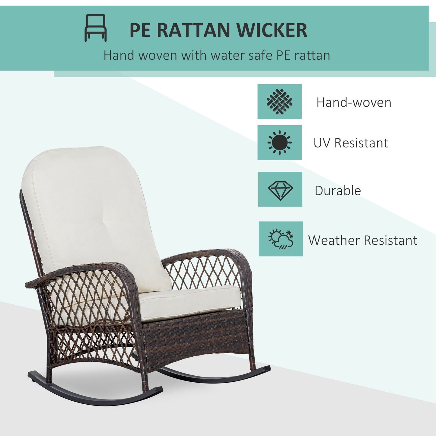 Outsunny Outdoor Wicker Rocking Chair with Wide Seat, Thick, Soft Cushion, Rattan Rocker w/Steel Frame, High Weight Capacity for Patio, Garden, Backyard, Cream White himalipasal