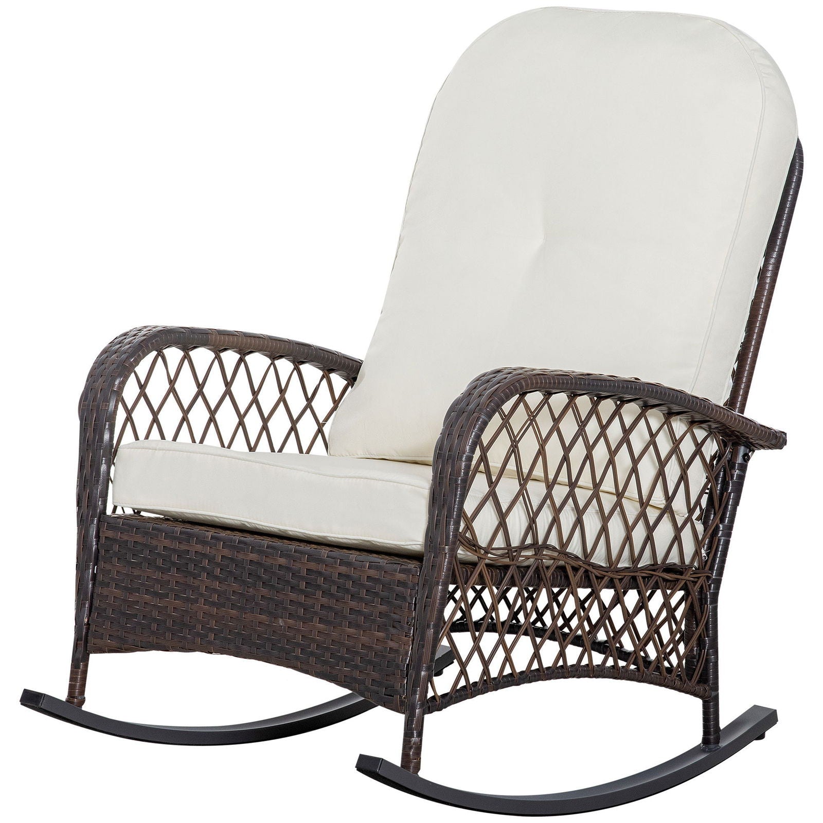 Outsunny Outdoor Wicker Rocking Chair with Wide Seat, Thick, Soft Cushion, Rattan Rocker w/Steel Frame, High Weight Capacity for Patio, Garden, Backyard, Cream White himalipasal