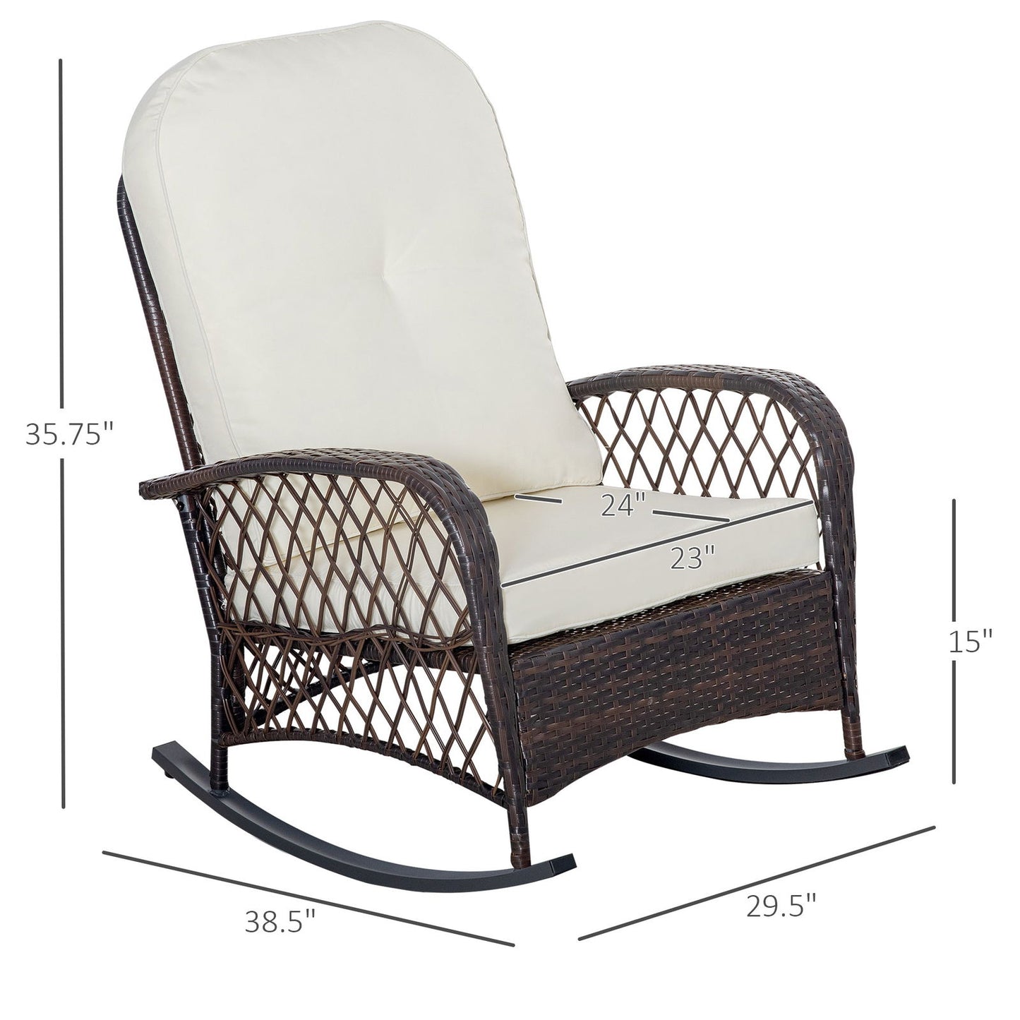 Outsunny Outdoor Wicker Rocking Chair with Wide Seat, Thick, Soft Cushion, Rattan Rocker w/Steel Frame, High Weight Capacity for Patio, Garden, Backyard, Cream White himalipasal